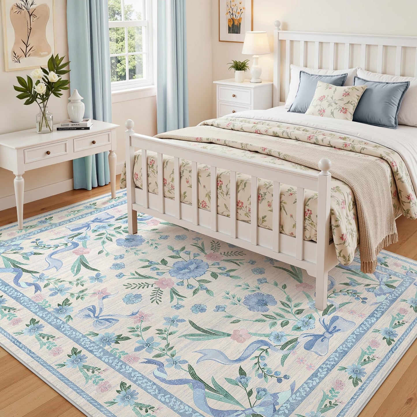 Blue Floral Rug 5x7 for Girls Bedroom or Nursery, Cute Bow Washable Area Rug, Ultra-Thin Non Slip Carpet for Kids Room, Dorm or Playroo