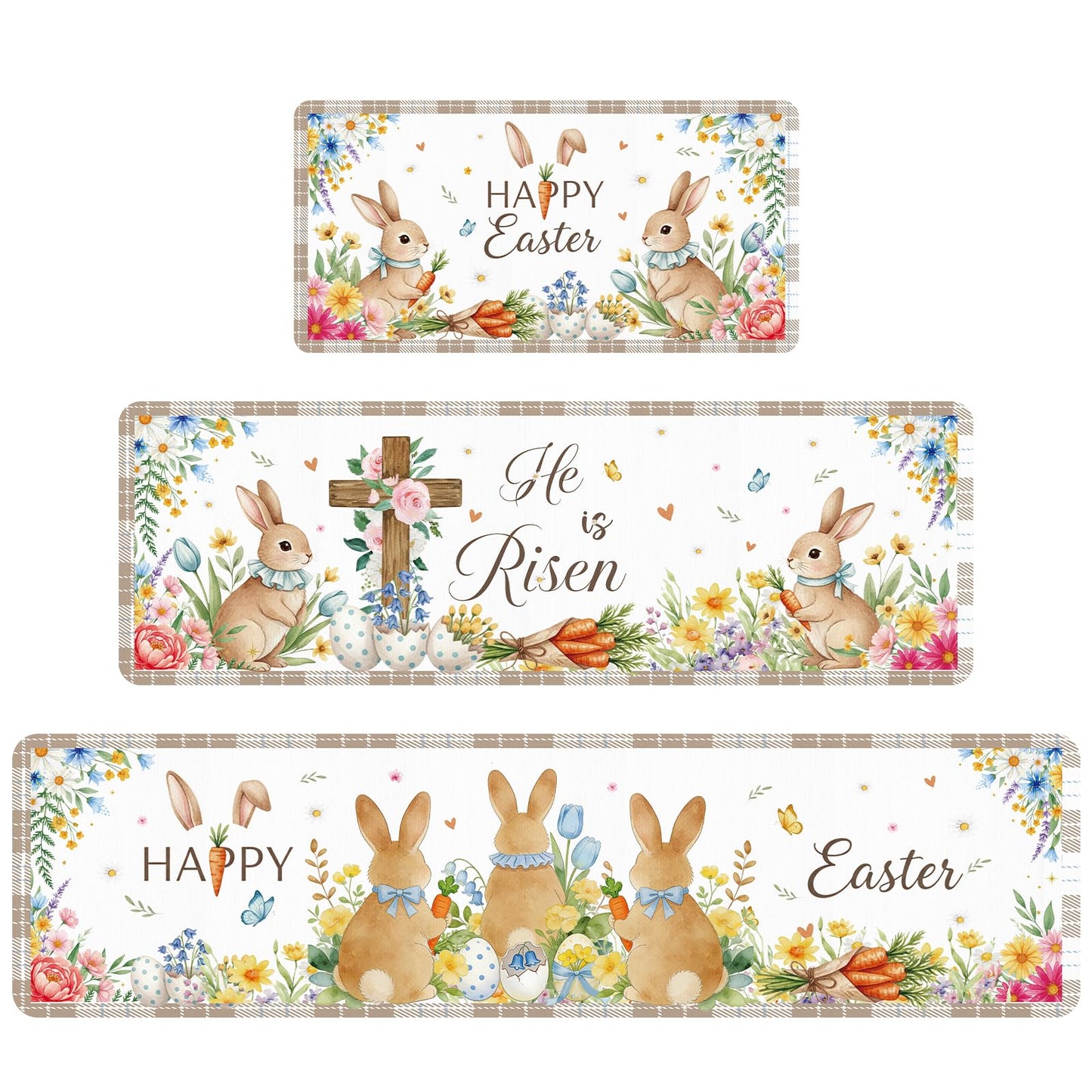 VISSTREE Happy Easter Kitchen Rugs Set of 3, Cute Bunny Egg Non Slip Kitchen Mats, Washable Rabbit Christian Floor Decor for Indoor Outdoor Spring Seasonal Holiday Farmhouse Home Decorations