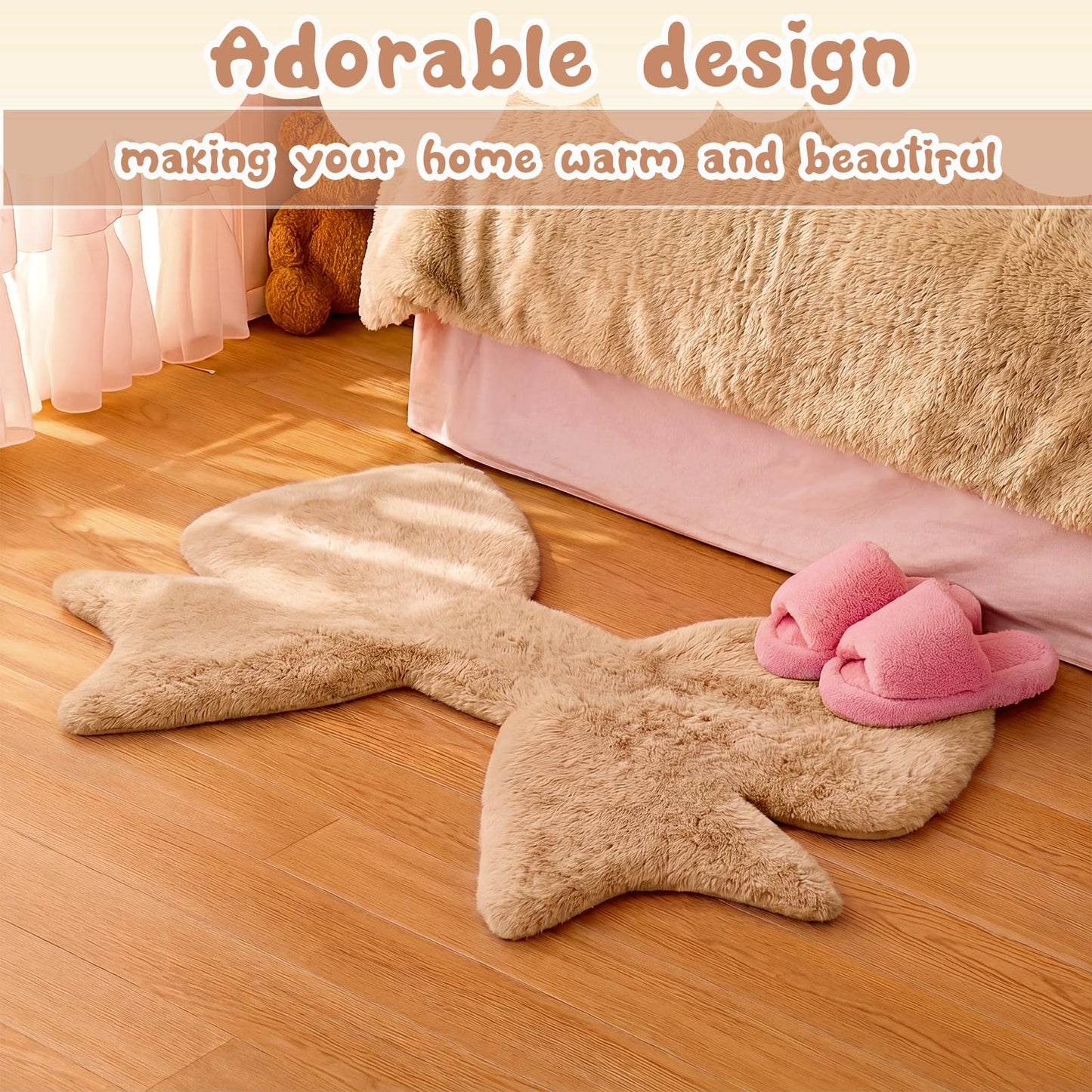 Tinideya Tan Bow Rug 2 x 3 ft Cute Coquette Bow Area Rugs with 6 Pcs 3.94 x 3.94'' Anti Slip Stickers Faux Rabbit Fur Bedside Carpet with Serged Edge for Bedroom Nursery Playroom Home Floor Decor