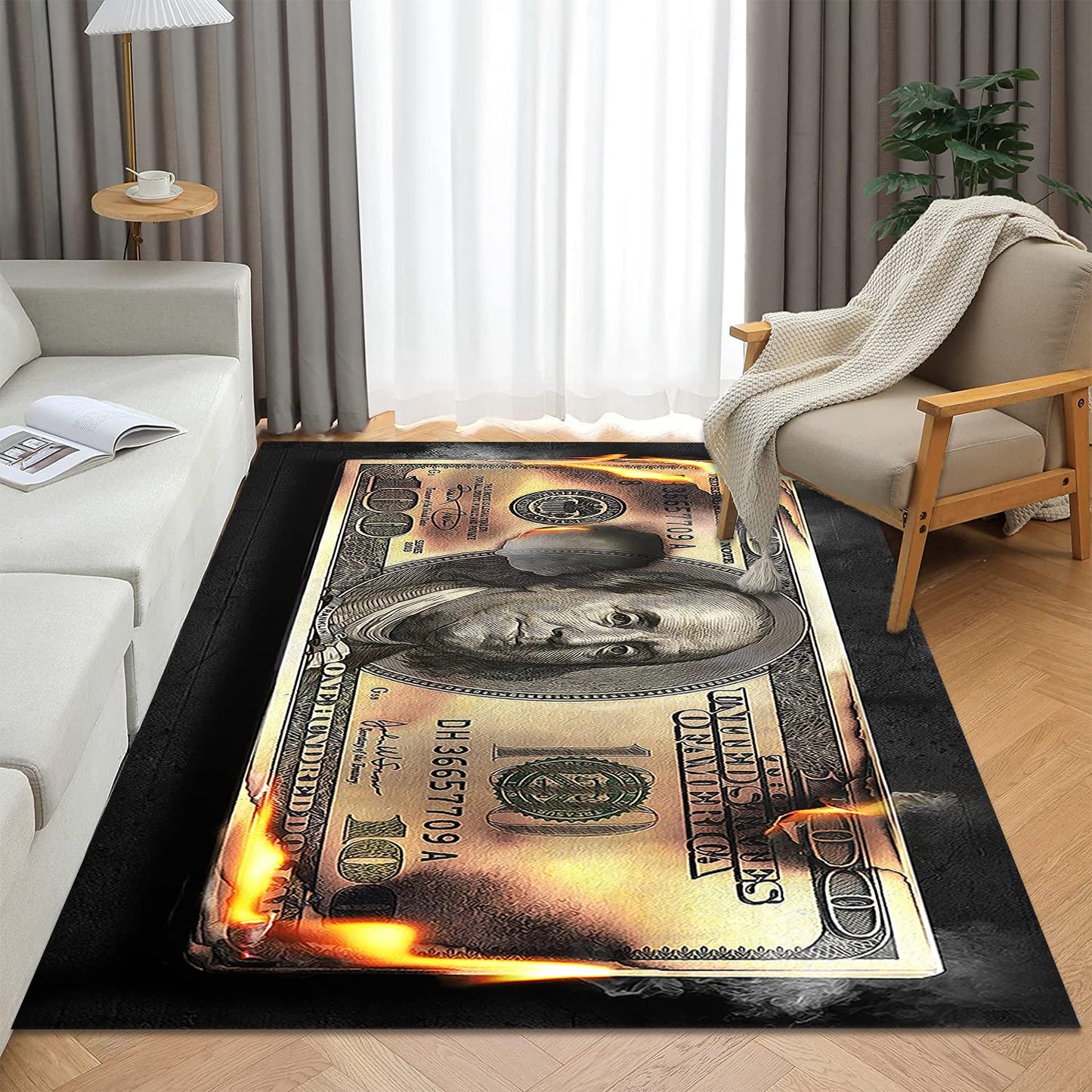 DVKKHD Burning 100 Dollar Bill Area Rug 4x6, Black Gold Room Decor Carpet