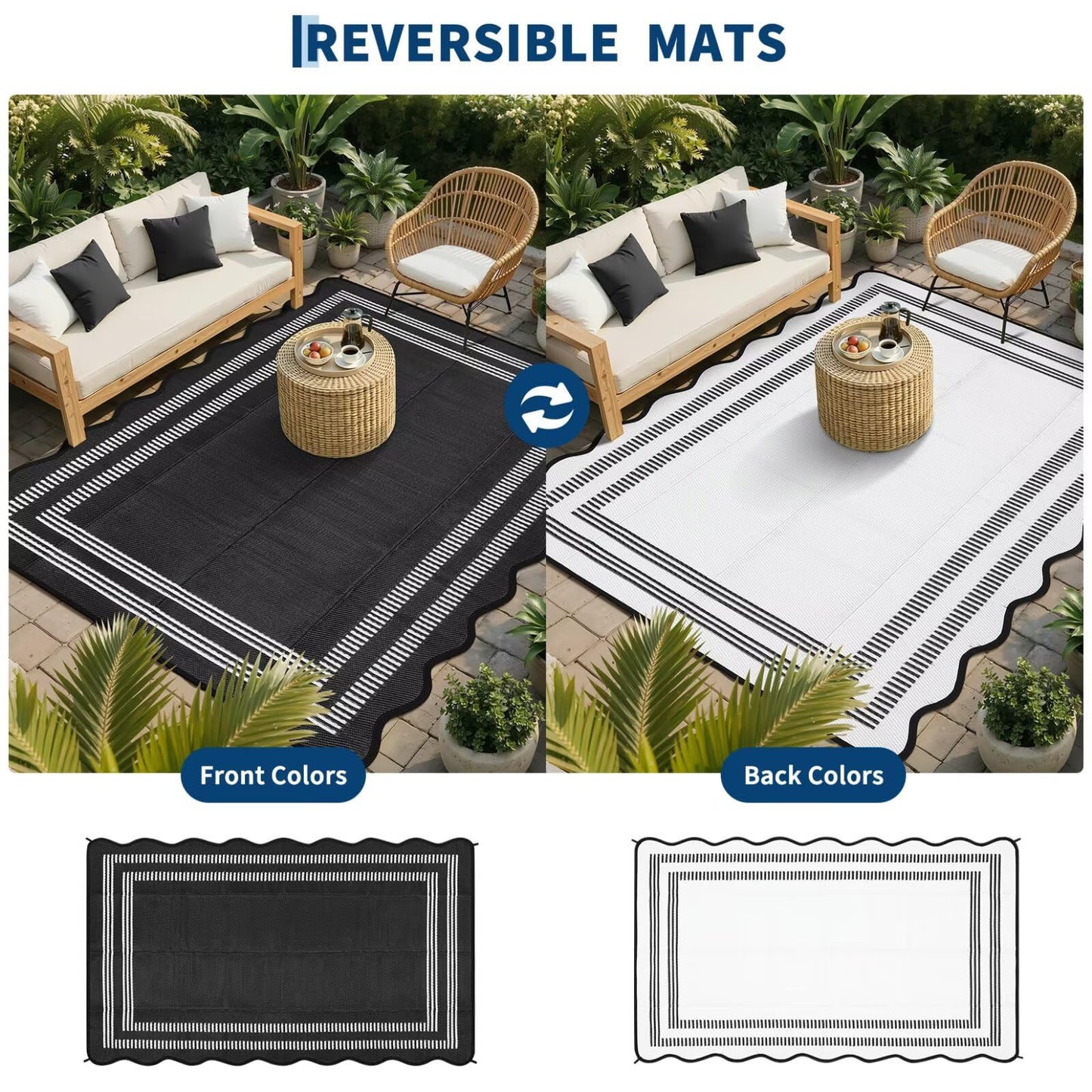 Garvee Waterproof Outdoor Rug 8x10, Scalloped Geometric Foldable Plastic Straw Patio Camping Rug, Outdoor RV Carpet for Deck Camper Porch Balcony Backyard Picnic Beach Black and White