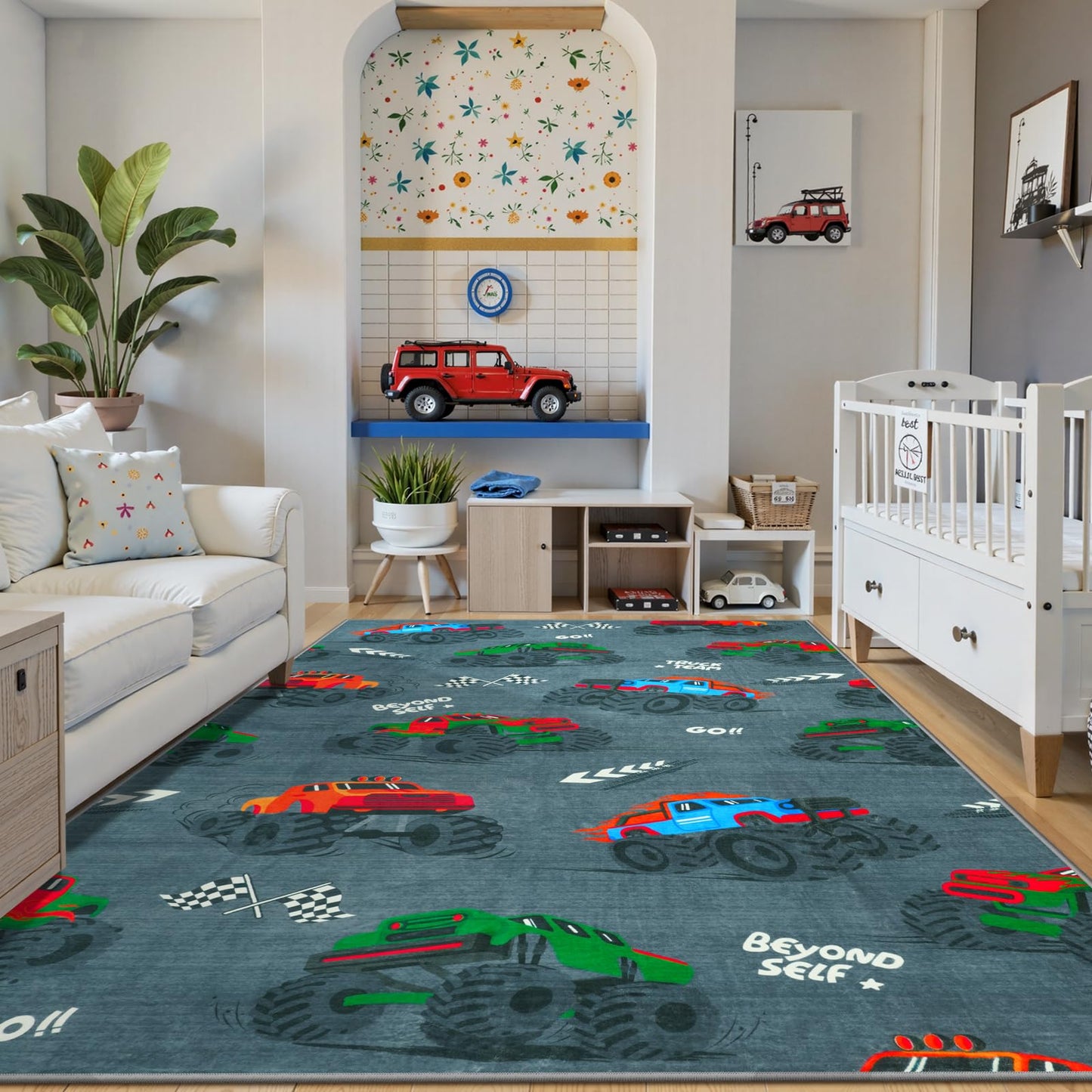 STARUIA 5x7 Washable Car Rugs for Boys Room, Large Cool Race Truck Kids Rug for Bedroom, Soft Boys Play Rug Construction Carpet for Kids Room Playroom Living Room（Grey