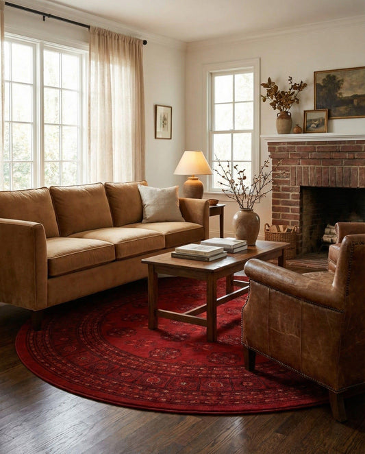 Rugs.com Bokhara Collection Rug – 5 Ft Round Red Medium-Pile Rug Perfect for Kitchens, Dining Rooms