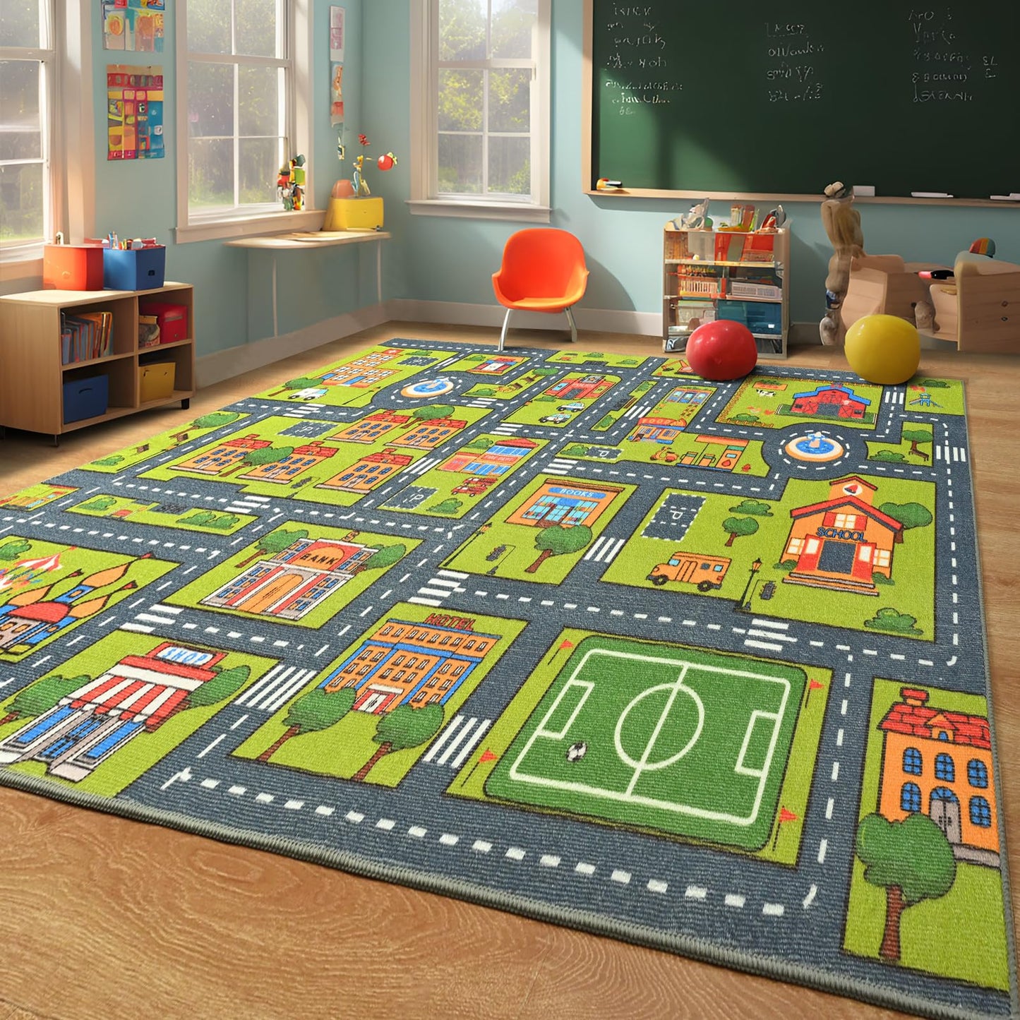 Merelax 5x8 Kids Car Area Rug, Grey Green Area Road Rugs for Living Room Playroom Classroom Bedroom, Non Slip Kids Play mat, Washable Rug, Educational City Traffic Map Fun Car Carpet for Ages 3-12
