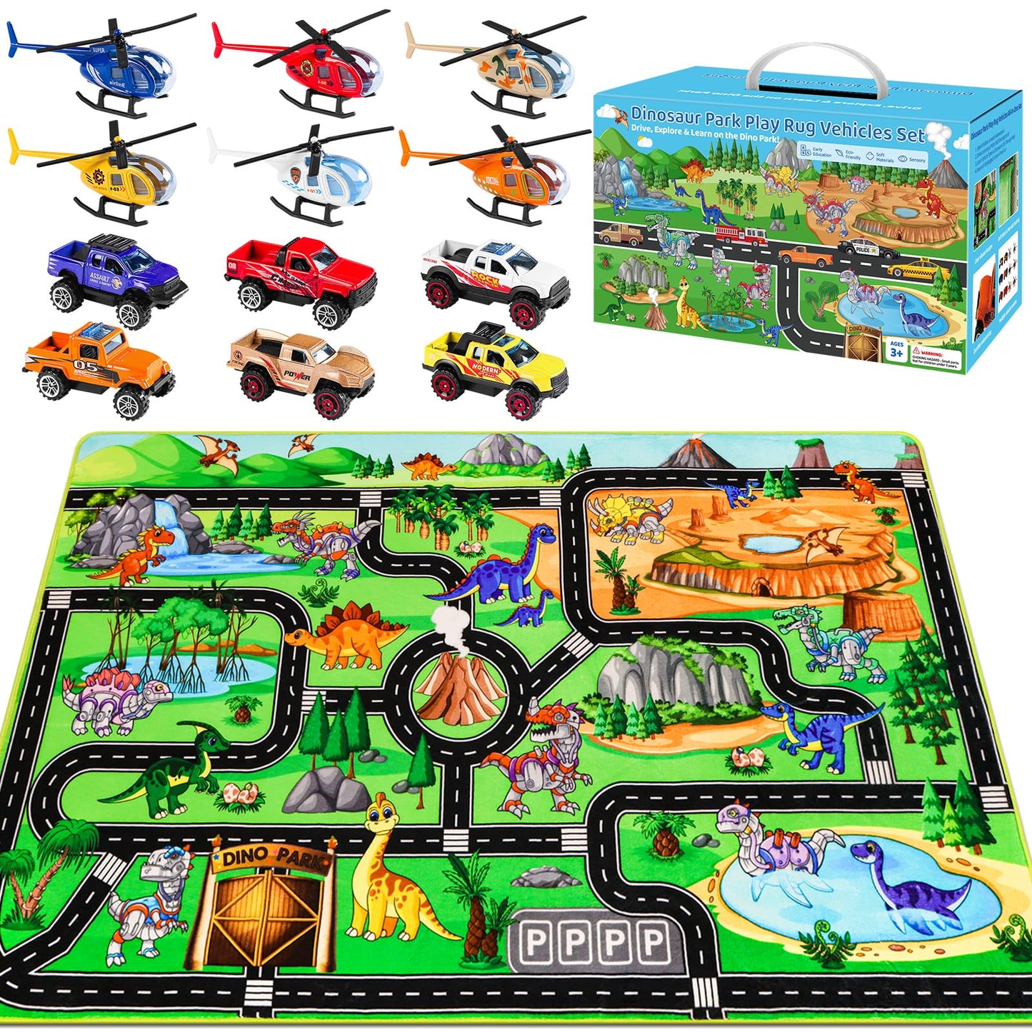 DINSUMRUG Dinosaur Play Rugs Gift Set, Jurassic Car Rug with 12 Metal Vehicles (6 Helicopters + 6 Pickup Trucks), 59"×39.4" Kids Car Play Mat, Dino Park Adventure Rug for Boys Girls 3-8 Years