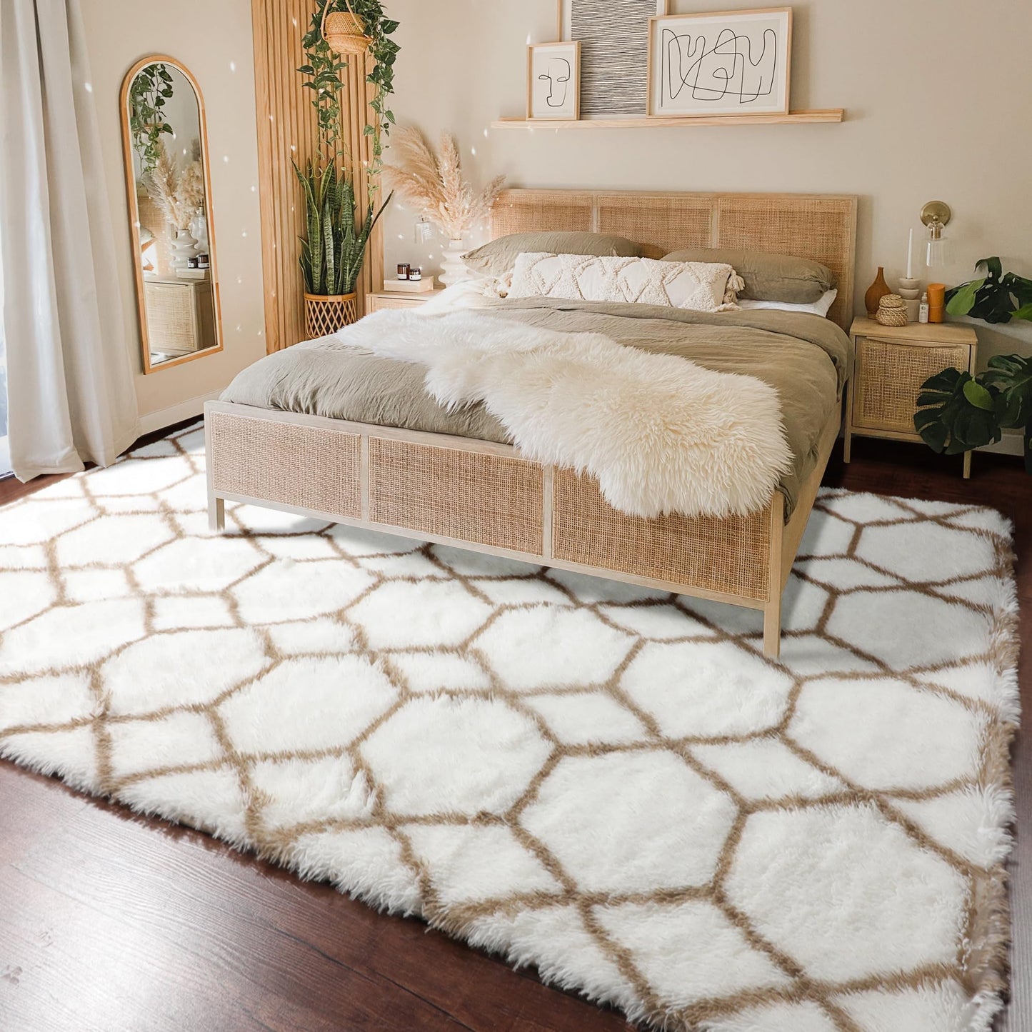 ONASAR Rugs for Living Room Bedroom, 5x8 Fluffy White and Beige Area Rug, Geometric Boho Soft Plush Shaggy Floor Carpet Mat for Nursery Kids Girls Boys Teen Dorm Home Decor Aesthetic