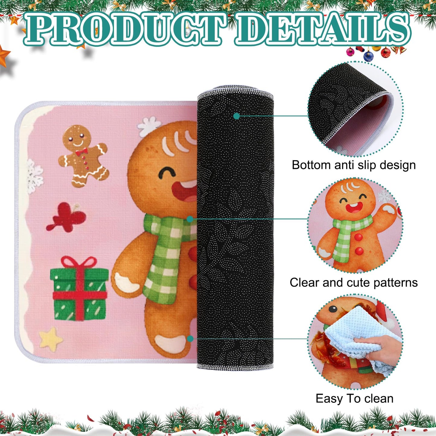 Dunzy 2 Pcs Christmas Gingerbread Man Kitchen Rugs Set Pink Gingerbread Christmas Decor Cute Xmas Kitchen Mats for Floor Door Home Party Decorations Winter, 16 x 29+16 x 47 Inches