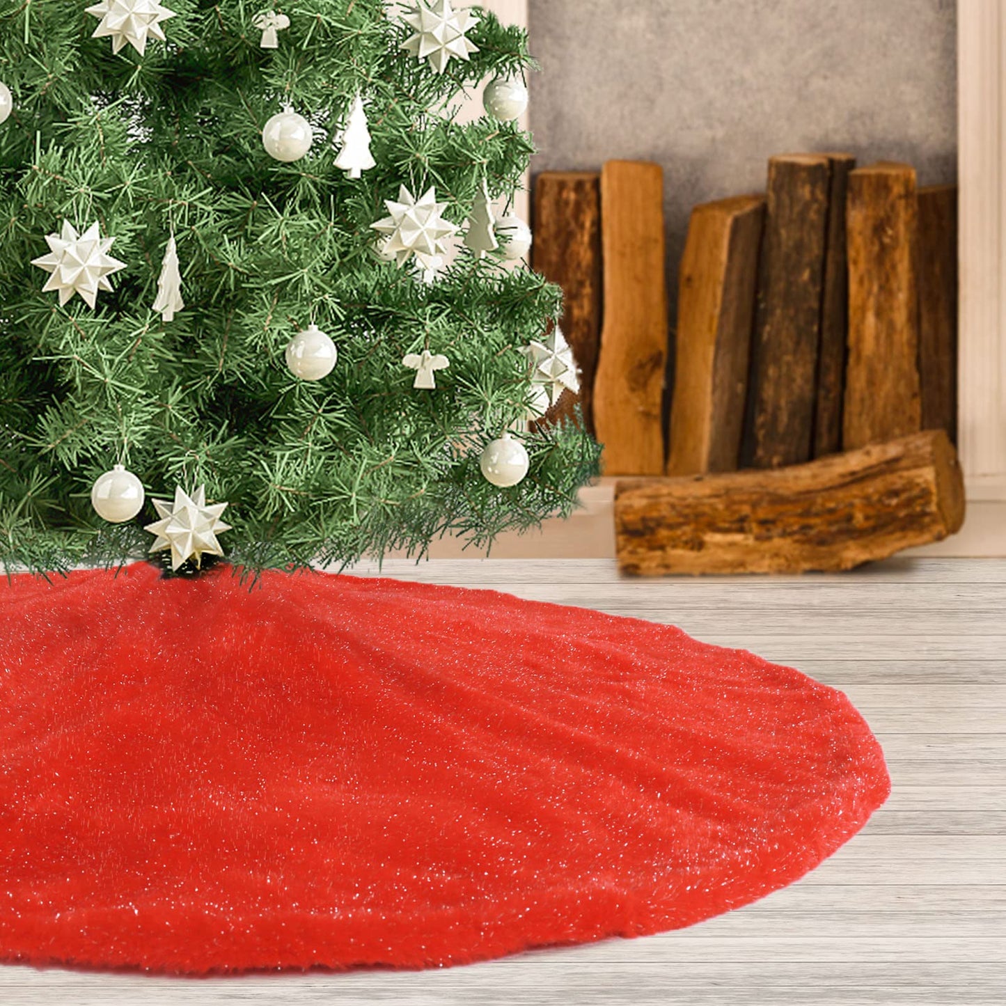 Atiming 30 Inches Red Christmas Tree Plush Skirt with Shiny Streamers Faux Fur Xmas Tree Skirt Base Cover Mat for Christmas Tree Holiday Home Party Decorations - 78cm