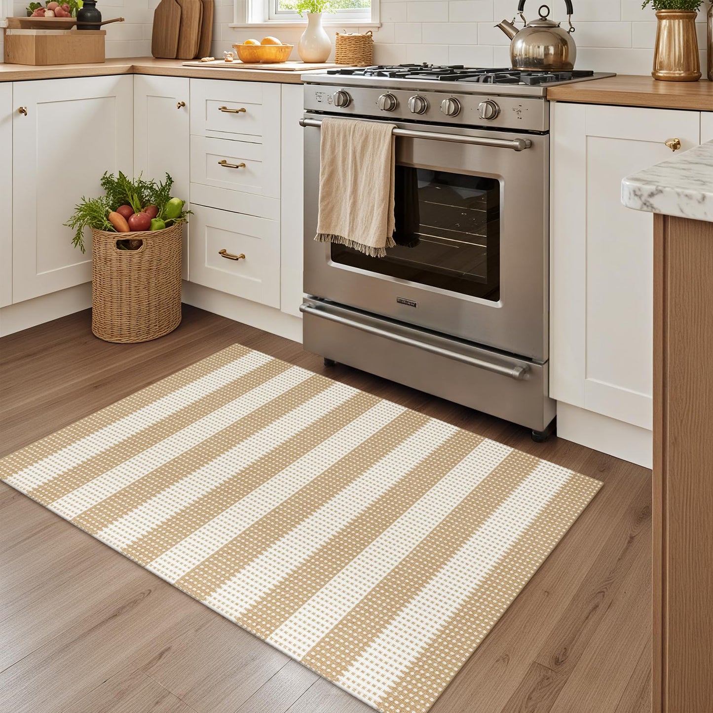 Rugalia Washable Woven Indoor Outdoor Doormat, 2x3 Khaki Cotton Striped Entryway Rug Low Pile Non-Slip Small Kitchen Rug, Modern Farmhouse Throw Carpet for Porch Bathroom Bedroom
