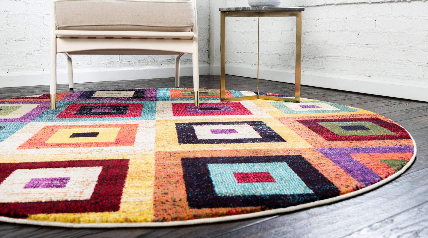 Unique Loom Estrella Collection Colorful, Geometric, Squares Modern, Abstract Area Rug (6' 0 x 6' 0 Round, Multi/Beige)