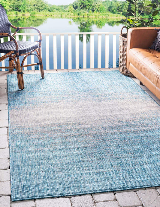 Unique Loom Outdoor Modern Collection Area Rug - Ombre (7' 1" x 10' Rectangle, Aqua/ Ivory)