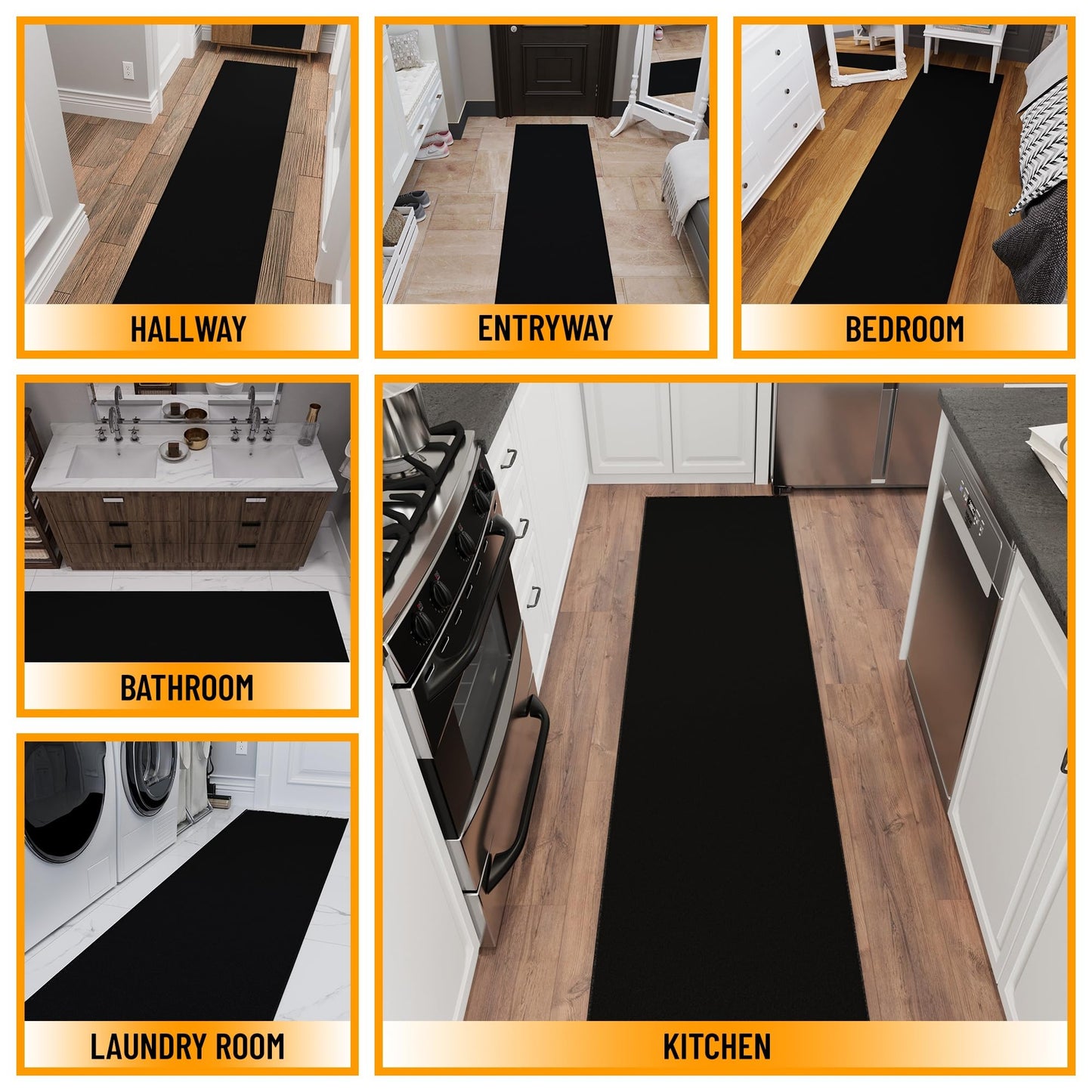 Ottomanson Aisle Runner Rug – Non-Slip Low Pile Carpet Runner for Long Hallways & Corridors, Stain Resistant & Easy to Clean, Solid Black, 1'10.5" x 20'