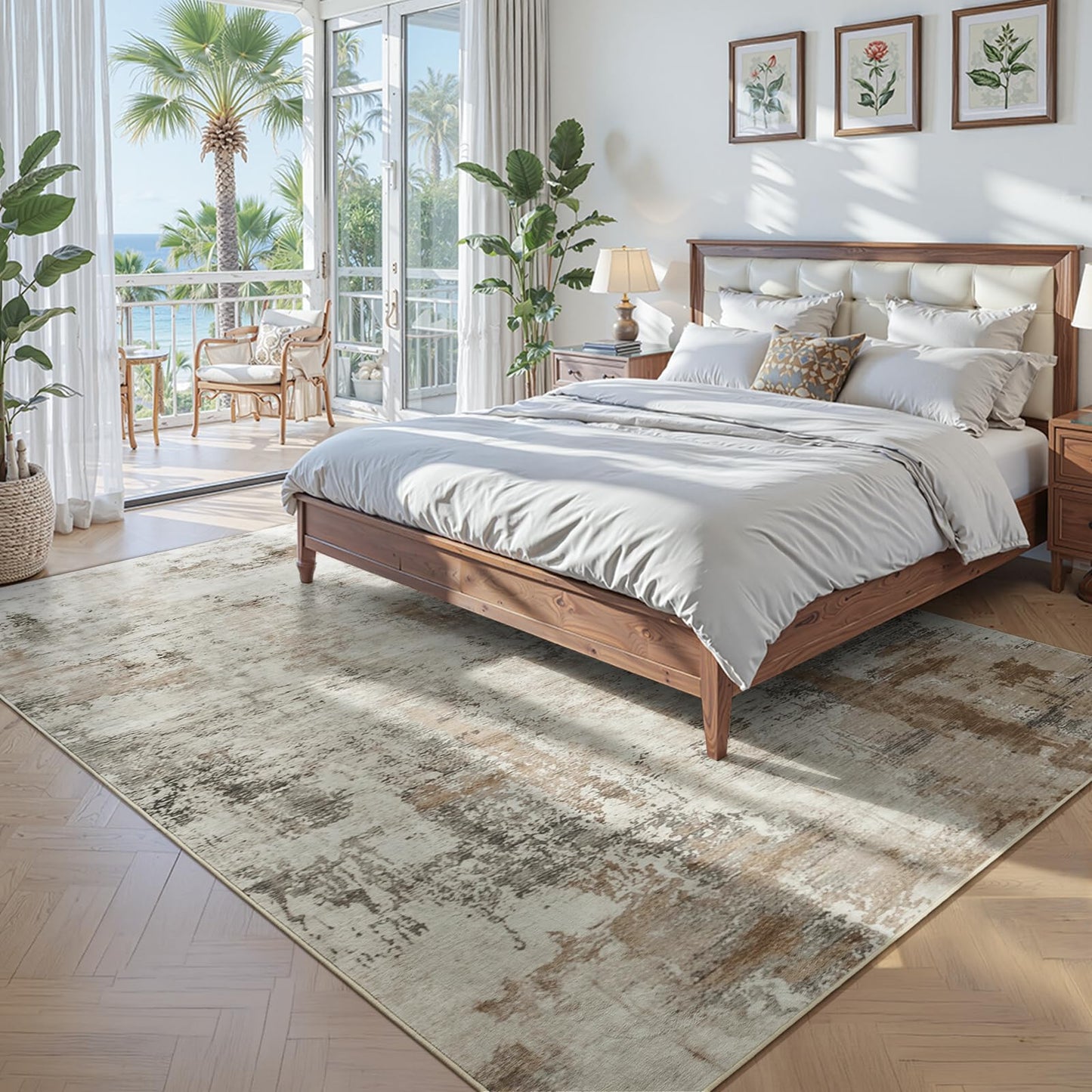 6x9 Area Rugs for Living Room, Washable Rugs for Bedroom, Modern Abstract Rug with Non-Slip Silicone Backing, Low Pile Soft Carpet for Dining Dorms Room Nursery Office Indoor Home Decor (Brown&White)