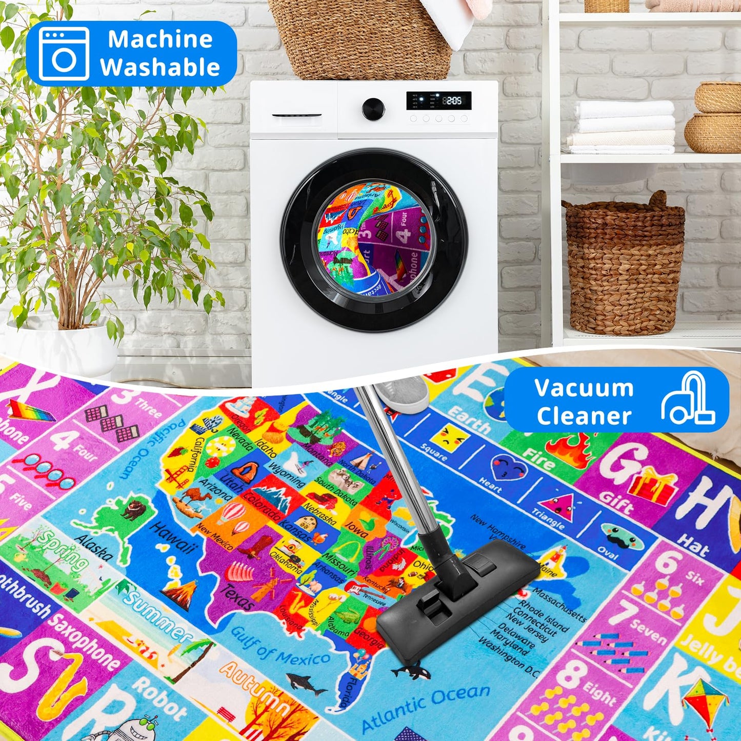 LTKOUGFAM USA Map ABC Kid Rug for Playroom 59"×39.4" Geography Classroom Play Rug Educational Kids Playmat Alphabet Mat State Symbols, ABC Letters, Numbers, Seasons&Shapes Non-Slip Preschool Playmat