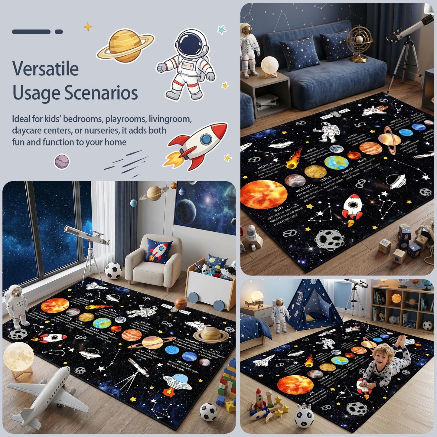 5x7 Ft Space Kids Rug for Boys Room, Playroom, Classroom, Nursery, Daycare, Educational Non-Slip Play Mat Carpet for Children Toddler Leaning Solar System, Washable & Soft Galaxy Star Rug-Faux Wool