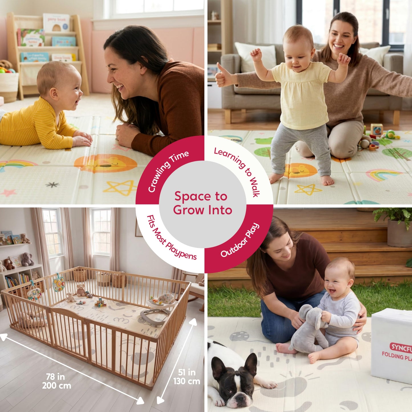 Baby Play Mat – Foldable 78"x51" XPE Foam Baby Floor Play Mat with Fabric Surface, Double-Sided Cute Print, Soft Non-Slip Tummy Time, Play Mat for Babies 0-12 Months, Nursery, Playroom, Living Room