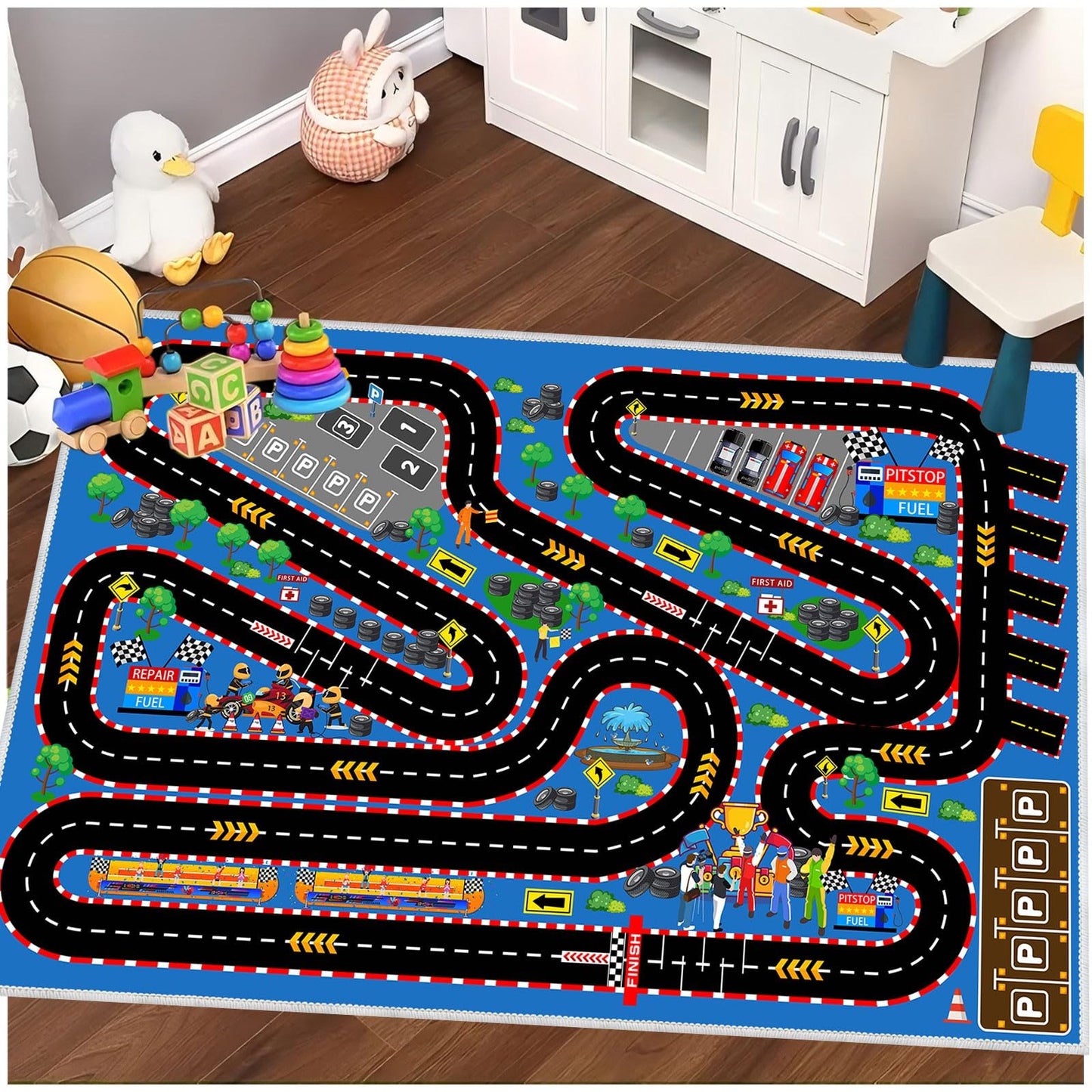 Kids Car Rug for Play Toy Cars, 39''x59'' Race Track Playmat Carpet Kid Play Road Rugs for Playroom Classroom Kids Room,Karting Road Racing Track Floor Mat Rug for Bedroom.