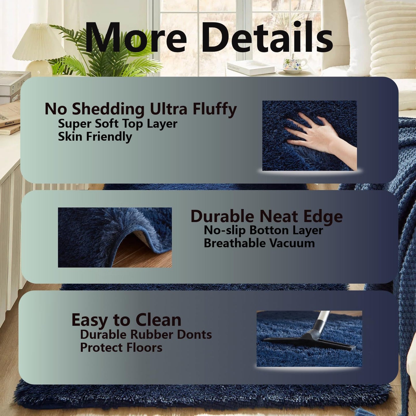 Floralux 5x7 Soft Fluffy Shag Area Rug for Living Room, Bedroom, Kid's Room, Dark Blue, Upgraded Anti-Skid Plush Carpet
