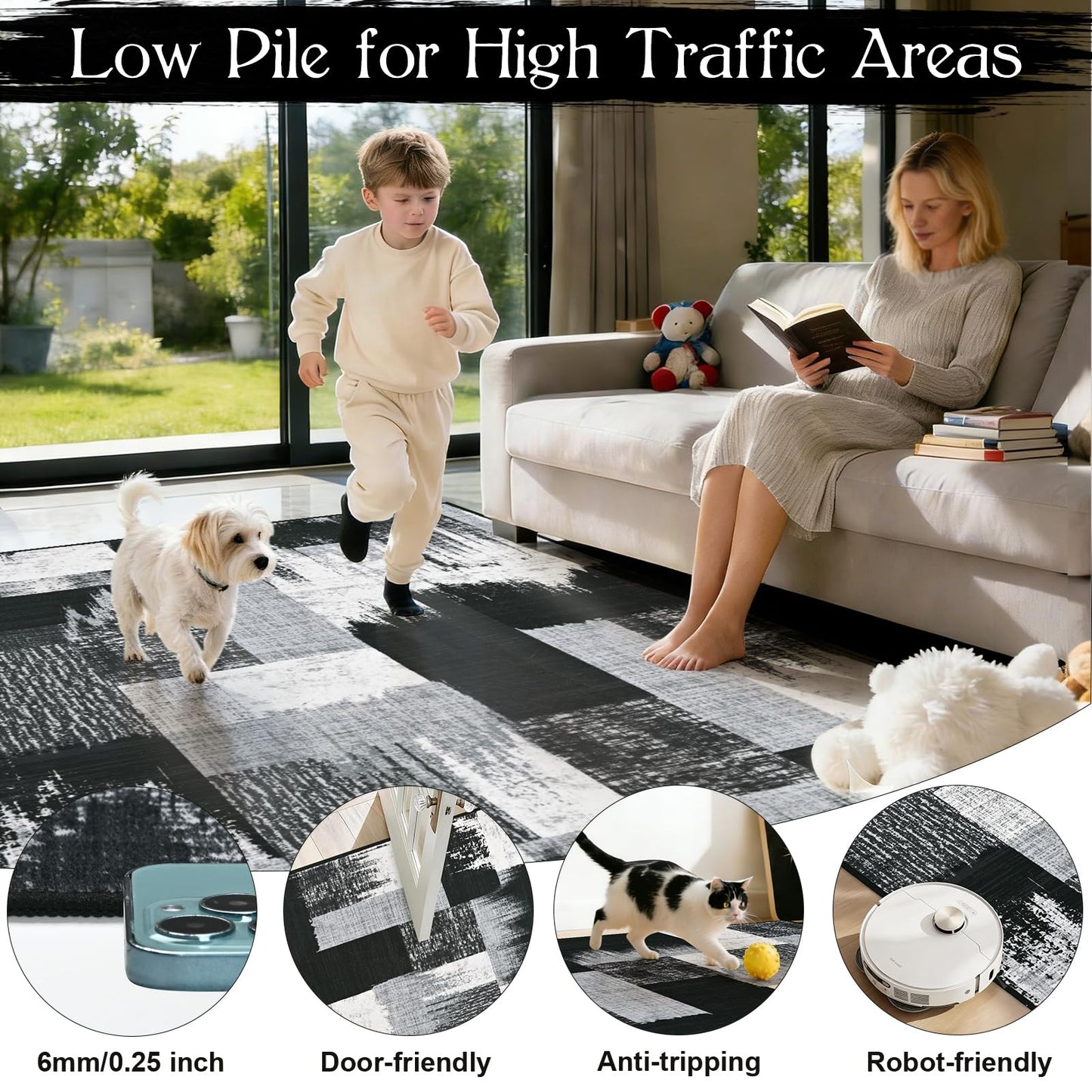 Yinhua Modern Geometric 5x8 Area Rug, Patchwork Grey Rugs for Living Room Washable Abstract Area Rug Non Slip, Soft Bedroom Rugs Stain Resistant, Mid Century Low Pile Carpet for Dining Room, Office