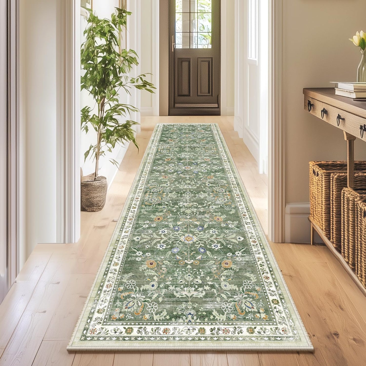 Yamaziot Washable Runner Rug 2x6 – Non Slip Boho Floral Hallway Runner Rug with Rubber Backing, Low Pile Faux Wool Distressed Carpet for Kitchen, Laundry, Bedroom, Entrance, Mottled Green