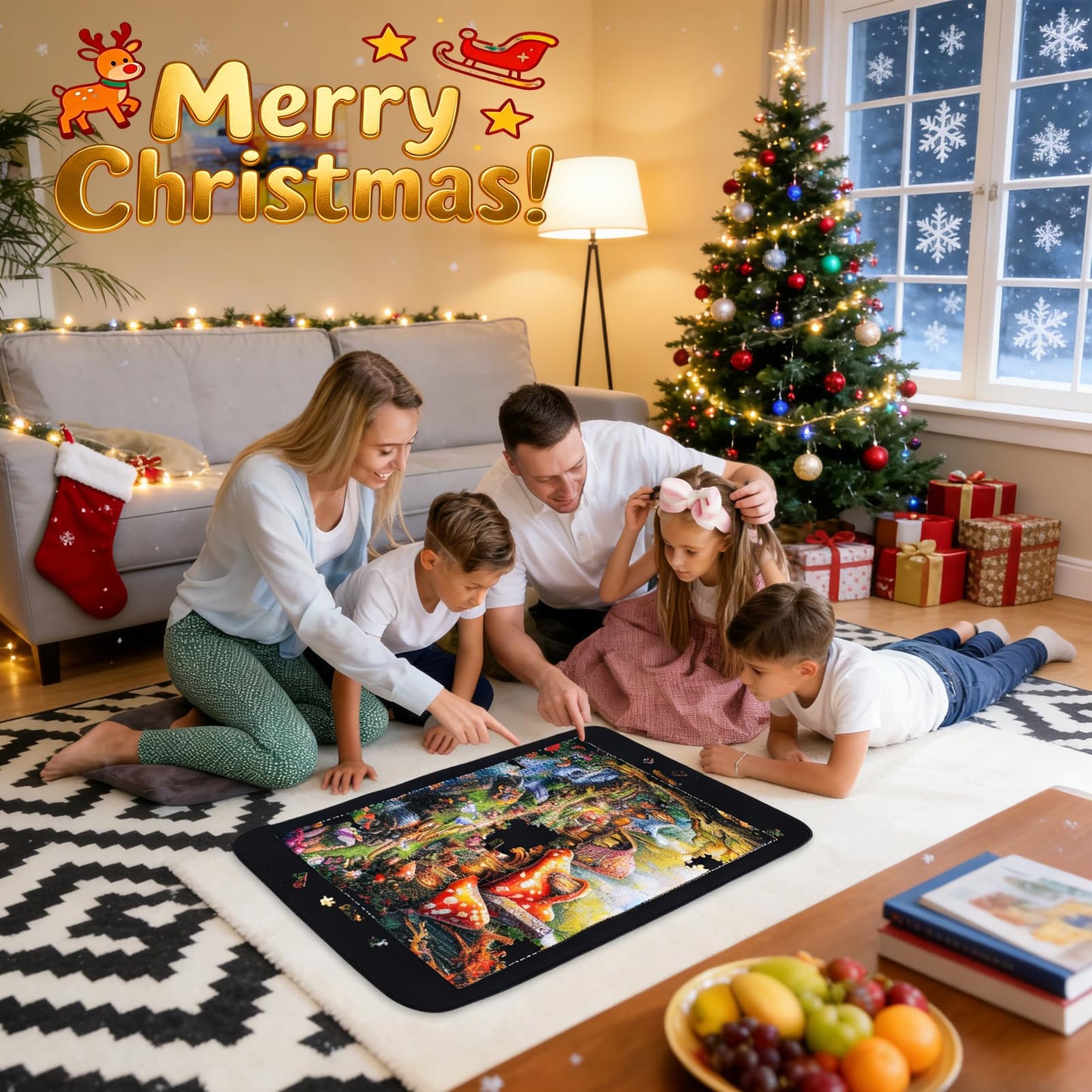 Lwoeo Jigsaw Puzzle Mat Roll Up 2000 Pieces, Black 48” x 31” Smooth Top Saver Pad, Large Rubber Puzzel Matt Rollup with 6 Sorting Trays & Travel Storage Bag for Sorting Table, Board, Puzzles Mats