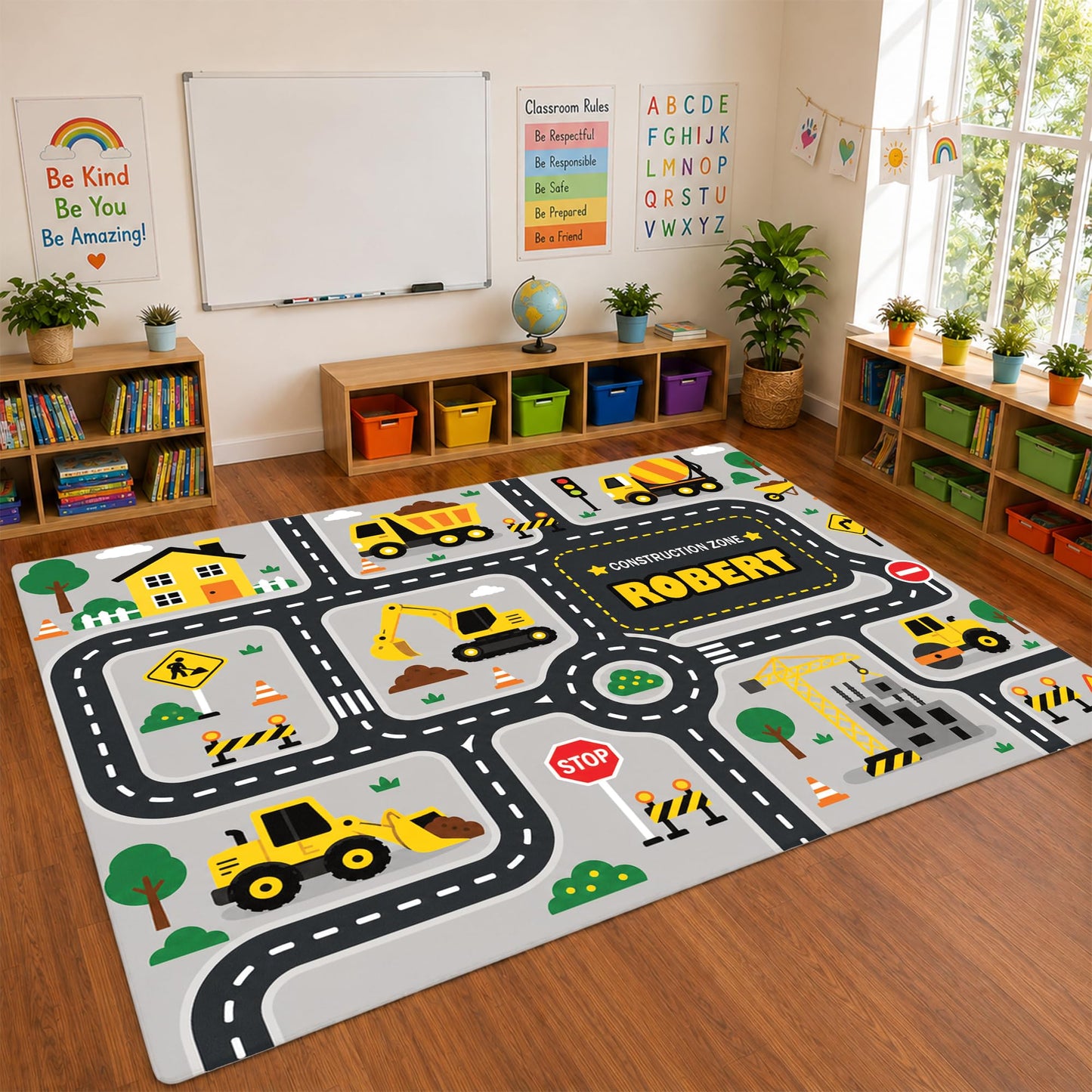 Custom Road Map Area Rug, Personalized City Street Car Rug, 5x7 Cars Truck Play Mat, Washable Non Slip Soft Town Playroom Carpet for Kids Bedroom Nursery Classroom Decor (Map 4)