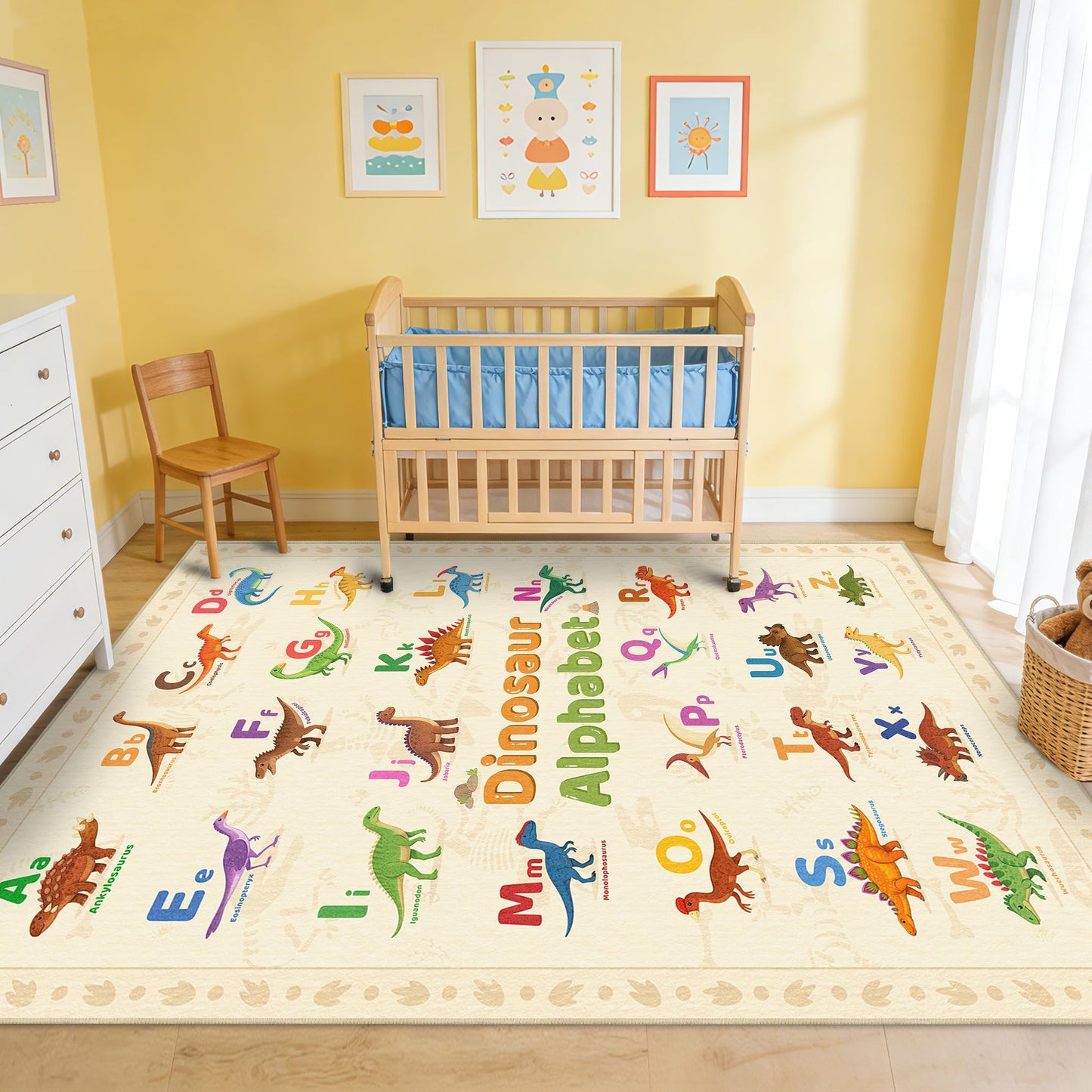 Area Rug 6x9 Living Room Dinosaur Rug Dino Alphabet Toddler Educational Area Rugs Machine Washable Non Slip Low Pile Large Dining Room Indoor Floor Carpet for Kids Room Nursery Playroom,Beige