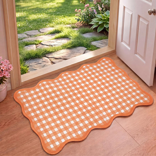 Breling Orange and White Scalloped Plaid Entryway Rug 16.5 x 27.5 Buffalo Checkered Indoor Mat Washable Non-Slip Gingham Door Rug for Entryway Entrance Bedroom Kitchen Living Room Decor