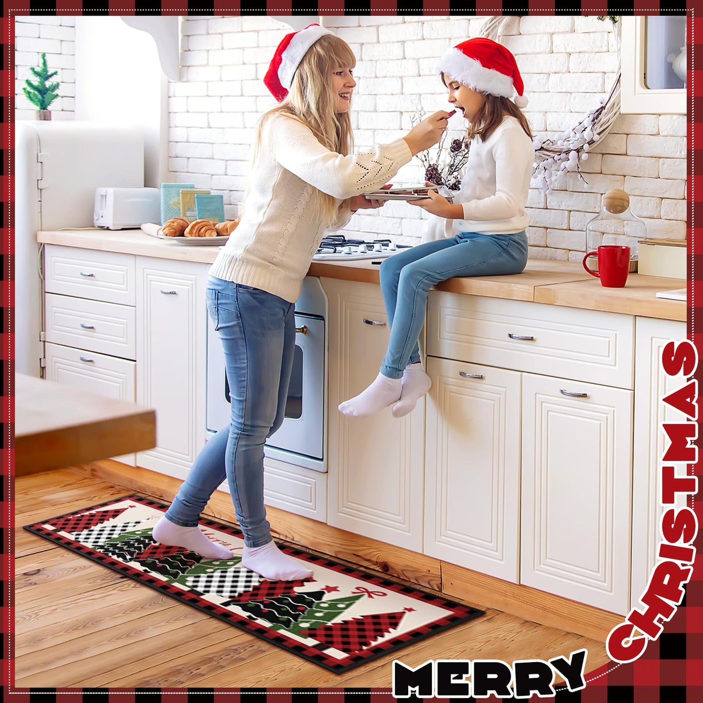 Tinideya 3 Pcs Christmas Tree Kitchen Rug Christmas Buffalo Plaid Kitchen Mats Set Xmas Tree Rugs Indoor Washable Carpet for Home Floor Winter Decor, 16 x 24 Inch and 16 x 47 Inch