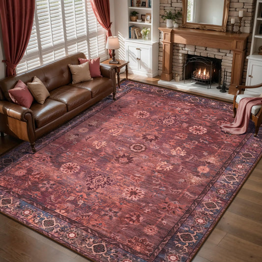 Tangsoo 6x8 Large Area Rug for Living Room,Non Slip Machine Washable Rug for Bedroom, Boho Distressed Vintage Rust Red Floral Rugs, Soft Low Pile Floor Carpet for Dining Room Office Kitchen Farmhouse
