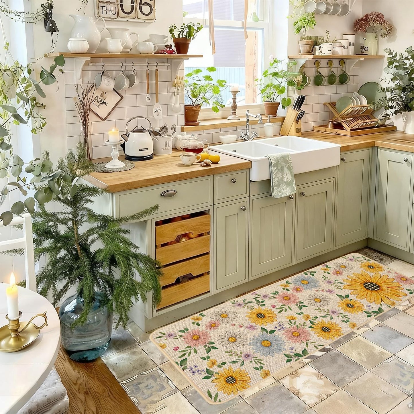 Baccessor Spring Summer Kitchen Rugs Set of 2, Sunflower Daisy Butterfly Floral Kitchen Mats for Floor Low-Profile Summer Holiday Home Decor 17x29 and 17x47 Inch
