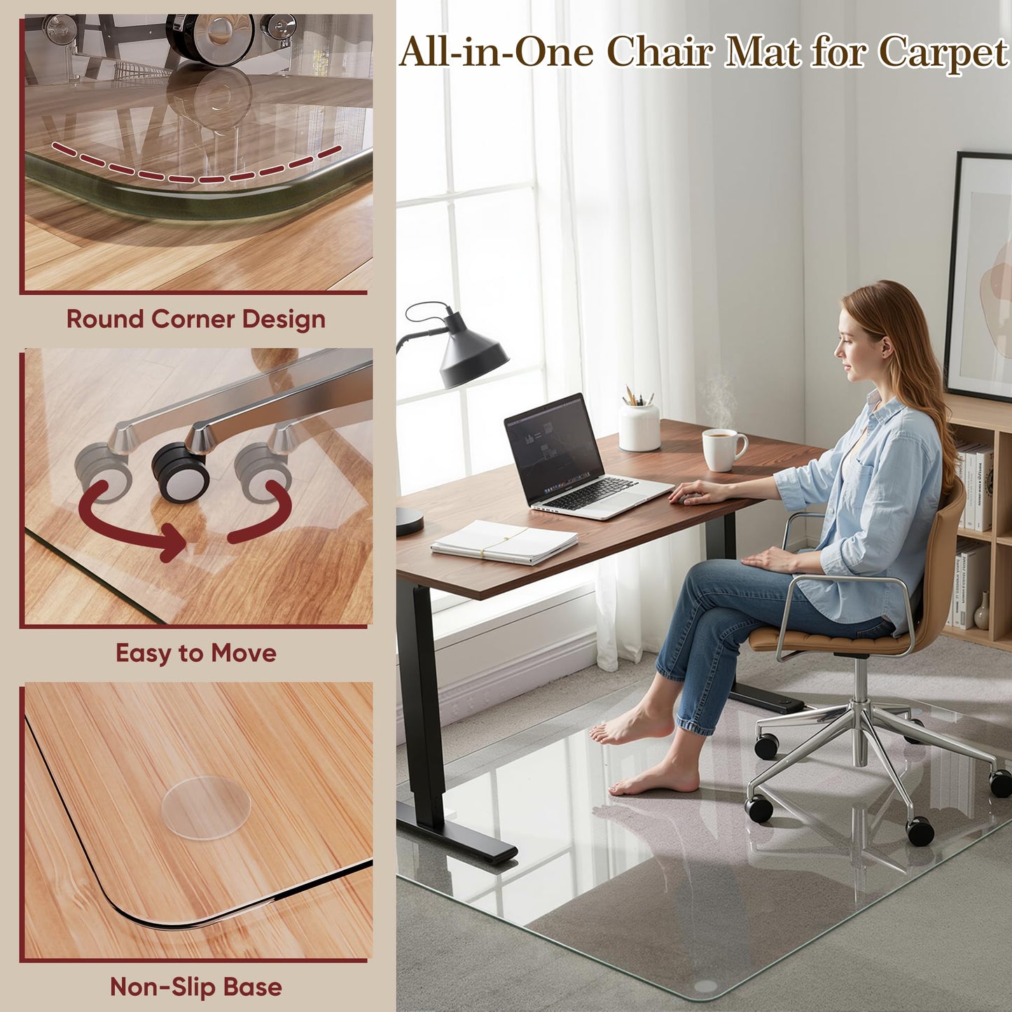 Homsion 30"x55" Tempered Glass Office Chair Mat for Carpet & Hardwood Floor, 1/5" Thick Clear Floor Protector Desk Chair Mat with Rounded and Polished Edges