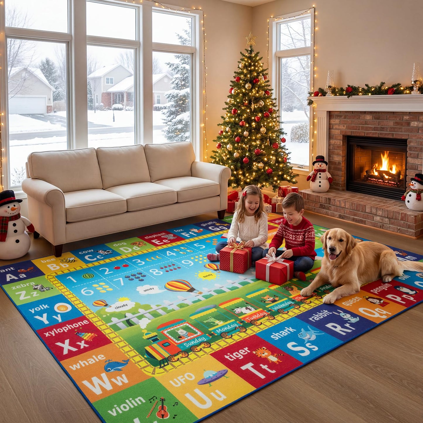 Unirea 4x6 Kids Rug for Playroom Bedroom Living Room, Washable Educational Play Mat with ABC Alphabet, Numbers, Animals for Classroom, Nursery, Colorful Learning Carpet for Toddlers, Rainbow