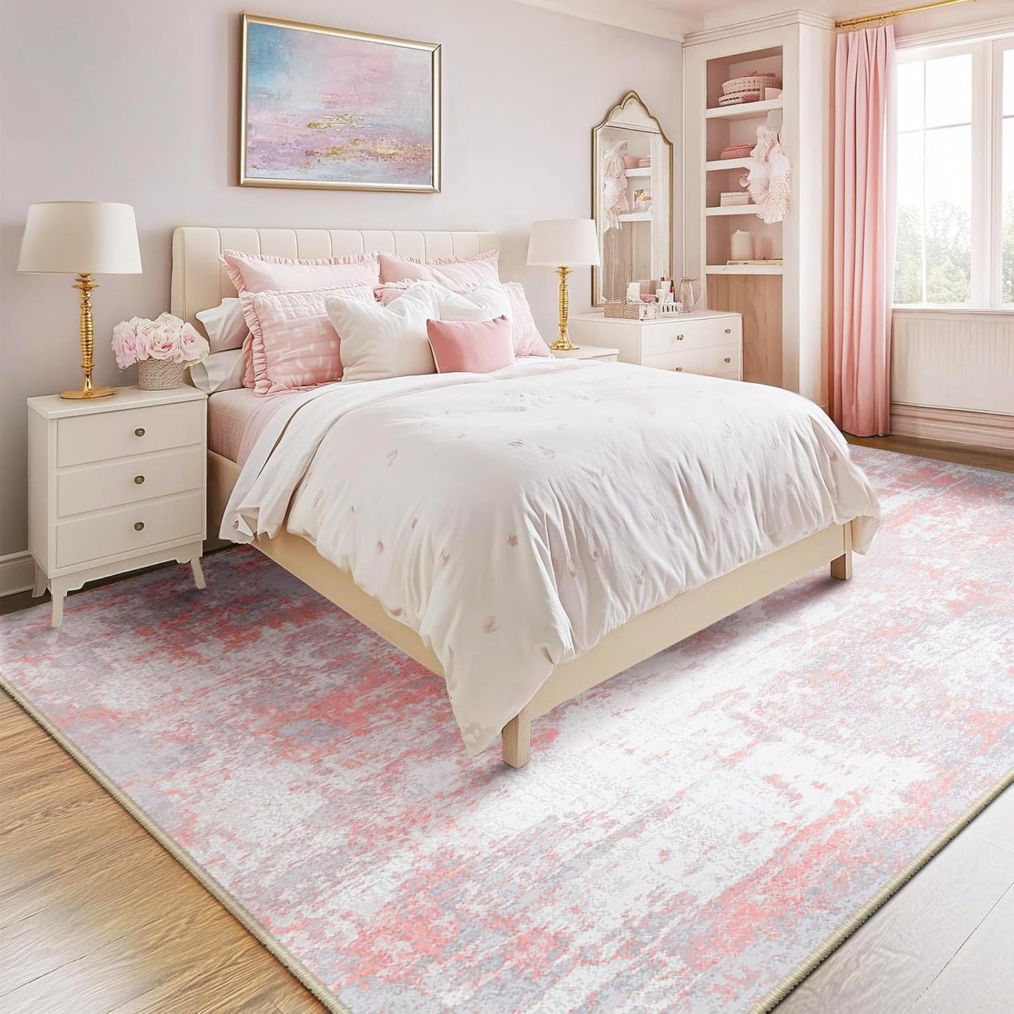 RELEANY Washable Area Rugs 5'x7' Non-Slip Modern Abstract Soft for Living Room Entryway Bedroom Kitchen, Print Pattern, Grey Pink