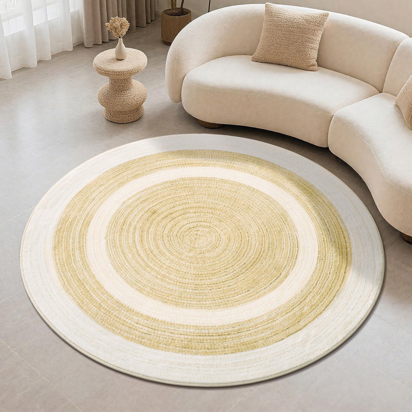 Carvapet 4 ft Round Washable Rug, Imitation Jute Low Pile Circle Carpet with Non Slip Rubber Backing, Foldable Stain Resistant Area Rug for Living Room Bedroom Office Bathroom