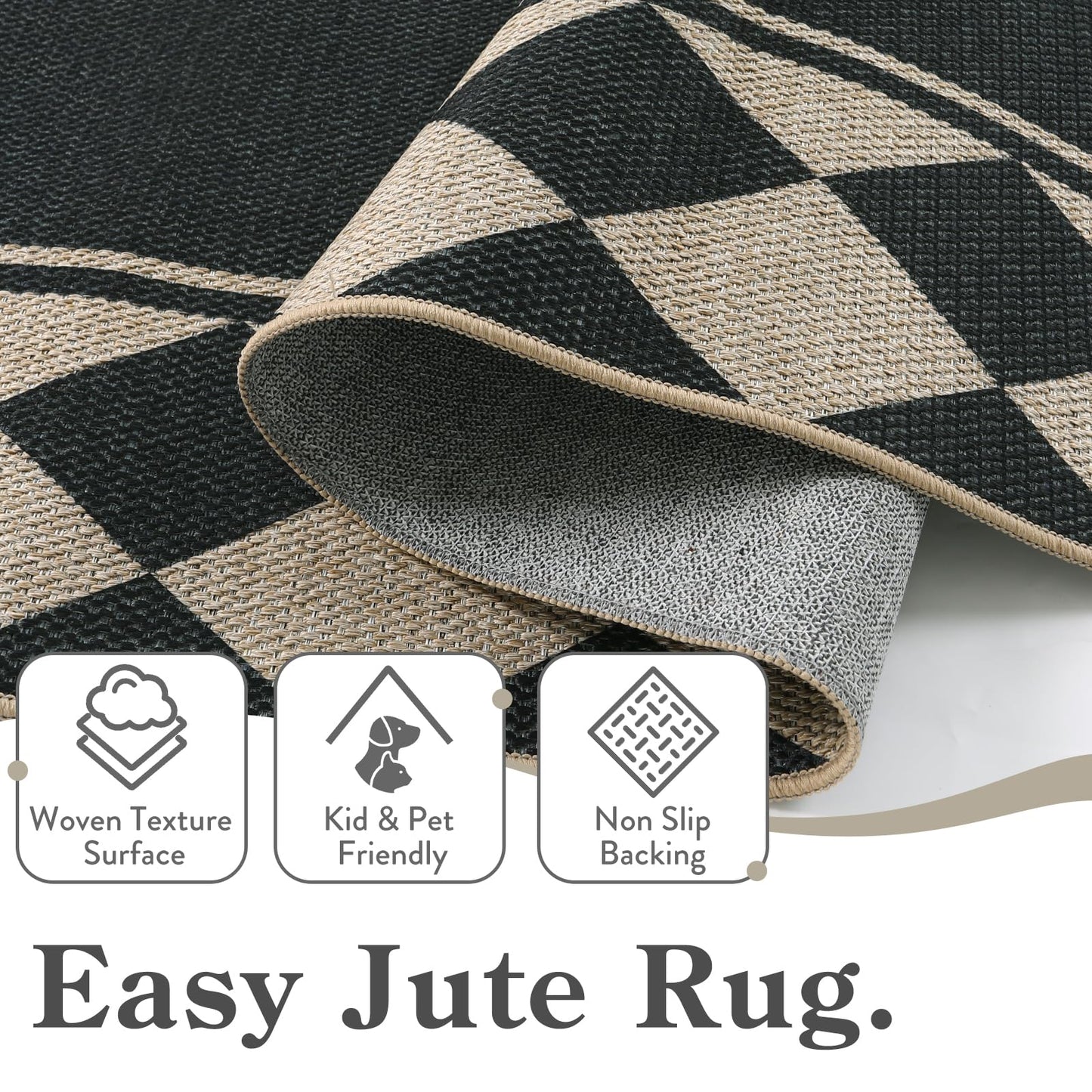 Moynesa Checkered Easy Jute Outdoor Patio Rug 3x5, Washable Indoor Outdoor Rugs for Entryway Non Slip, Farmhouse Carpet for Living Room Bedroom Kitchen Backyard Porches, Black Grid Pattern