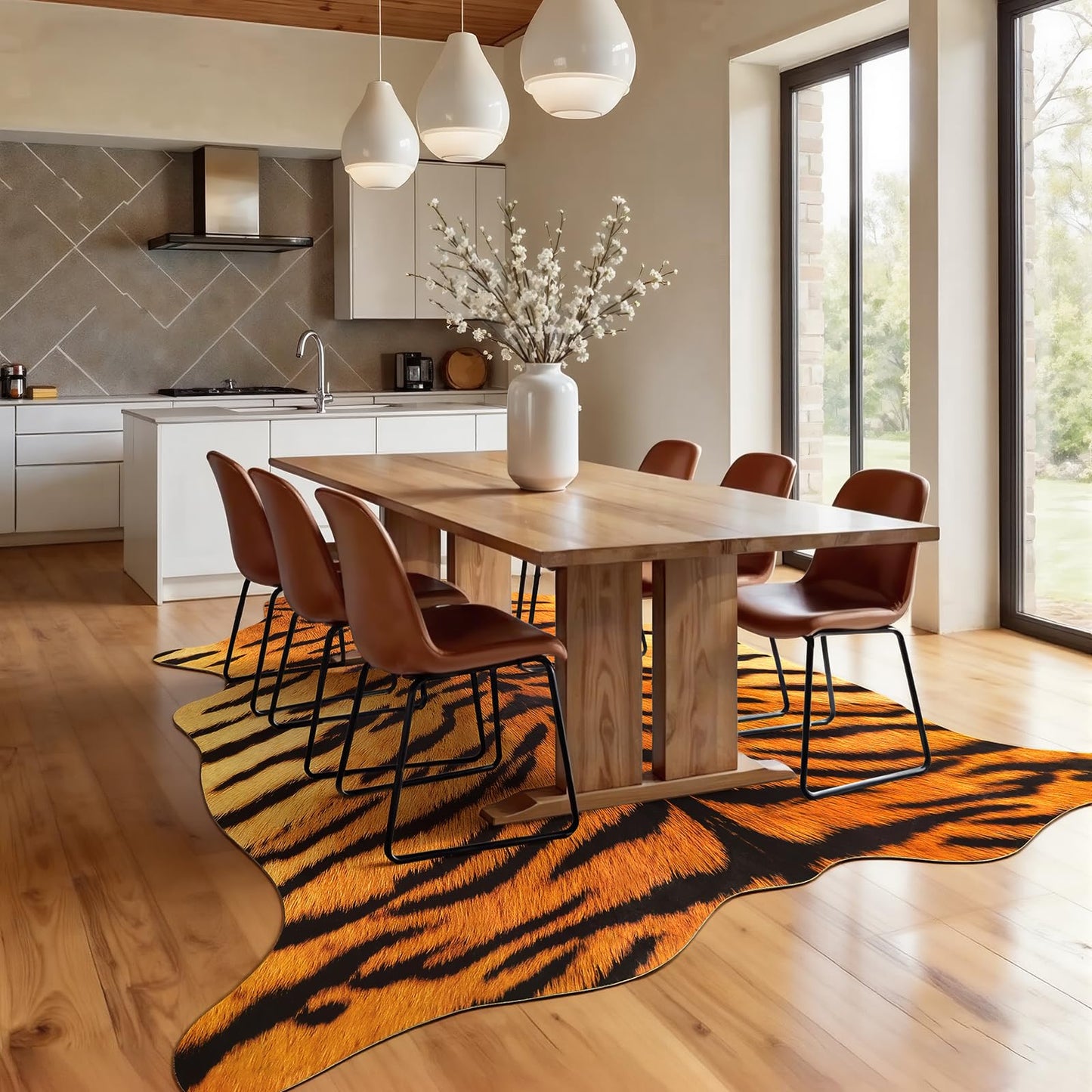 AROGAN Premium Tiger Print Rug 4.6x5.2 Feet, Machine Washable Faux Fur Rug, Non-Slip Animal Print Hide Tiger Skin Area Rug for Bedroom Living Room Home Decor
