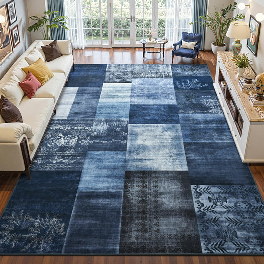 DweIke Washable Area Rugs 6x9 for Living Room, Large Modern Geometric Navy Blue Soft Patchwork Carpet, Non-Slip Stain Resistant Throw Rug for Bedroom Dining Room Office Home Decor