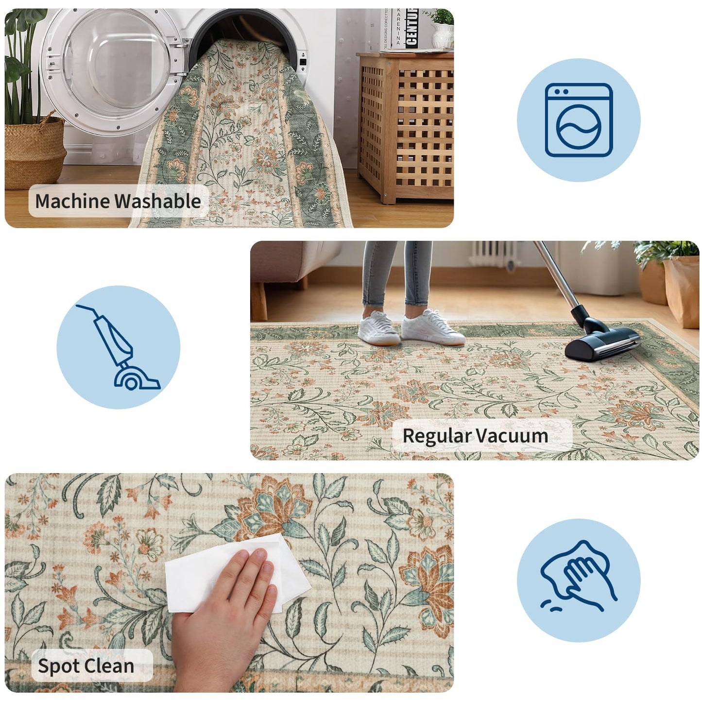 GarveeHome 5x7 Area Rug Sage Green Washable Rugs for Living Room Bedroom, Soft Low Pile Non Slip French Country Floor Mat Botanical Floral Print Throw Rug Indoor Carpet Dining Room Playroom