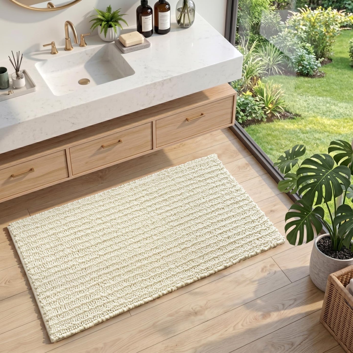 DEXI Bathroom Rugs 24x43, Super Soft Thick Chenille Absorbent Bath Mat, Non Slip Machine Washable Fluffy Shag Bathmat for Tub, Shower Floor, Ivory