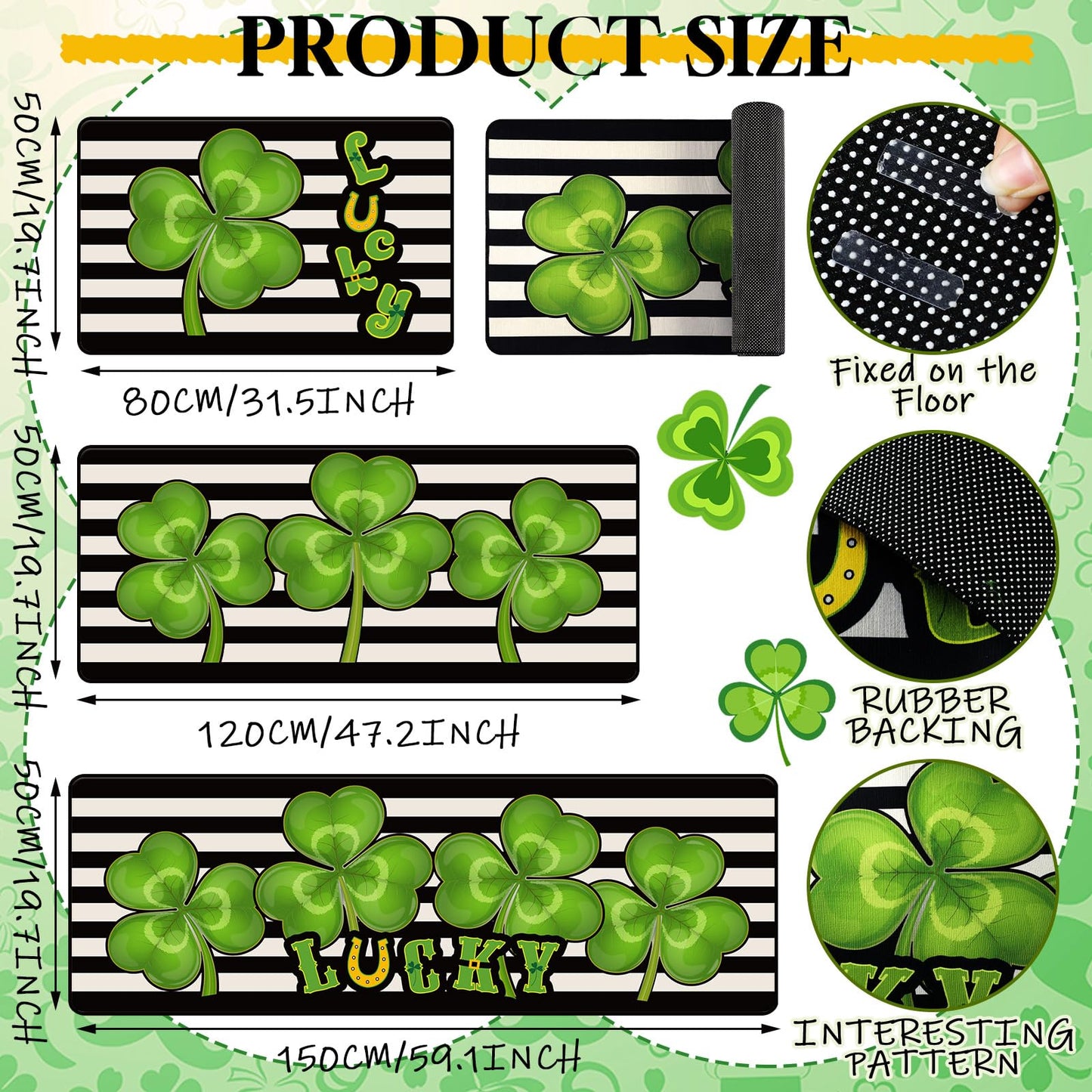 Drydiet 3 Pcs St Patricks Day Kitchen Rugs and Mats Set Shamrocks Non Slip Rug Waterproof Floor Mat for Irish Saint Patricks Day Home Bar Office Bathroom Party Decor