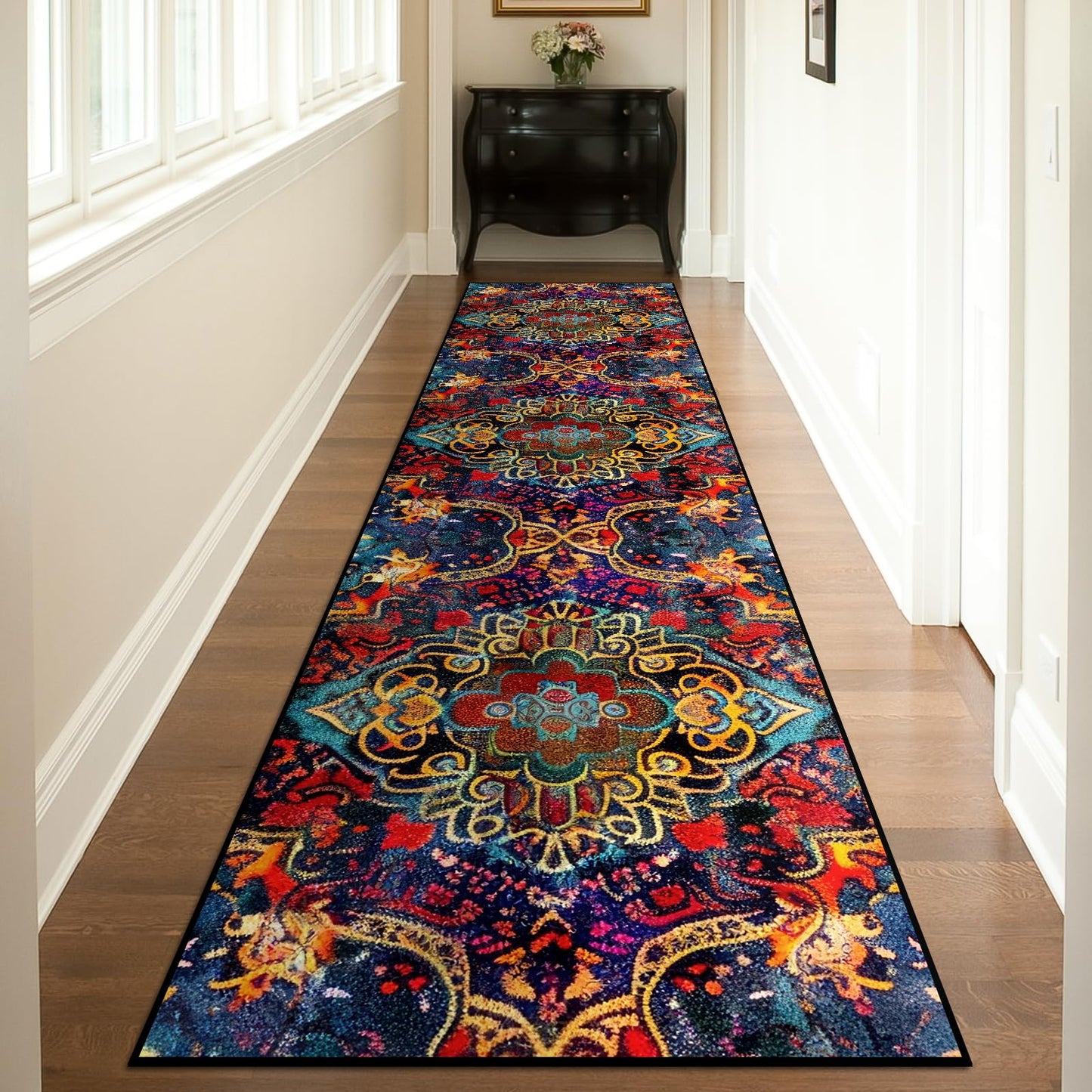Washable Corridor Runner Rug, Non-Slip Dark Red Hallway Rug Runner with Upgrade Rubber Backing, Stain Resistant Faux Wool Distressed Carpet for Bedroom Kitchen Laundry Corridor Balcony (94.5" x 23.6")