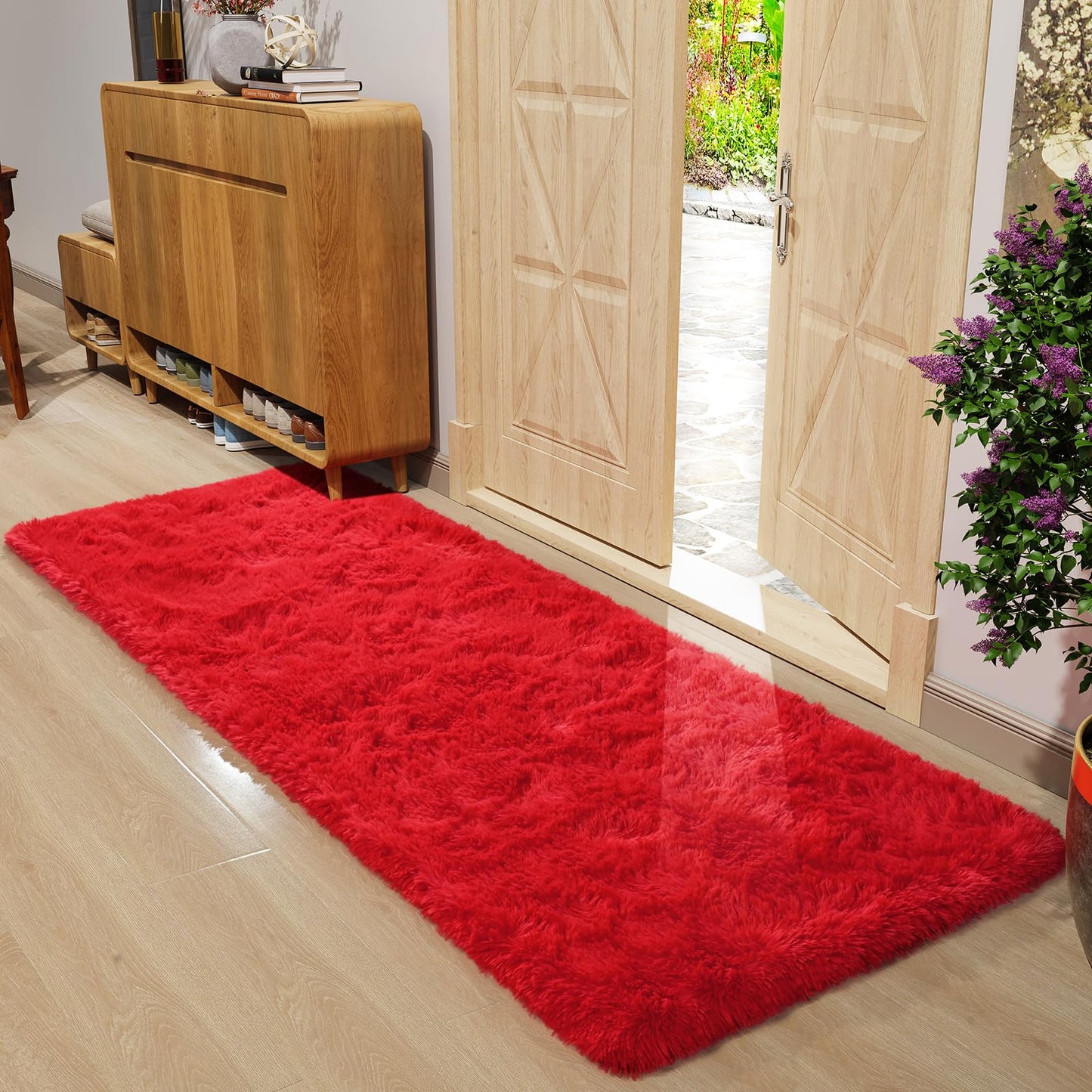 DETUM Red Rug 2x6 Feet - Fluffy Red Runner Rugs for Bedroom Shaggy 2' X 6' Living Room Rug Soft Rugs for Kids Room Non-Slip Nursery Office Dorm Washable Carpets Home Decor