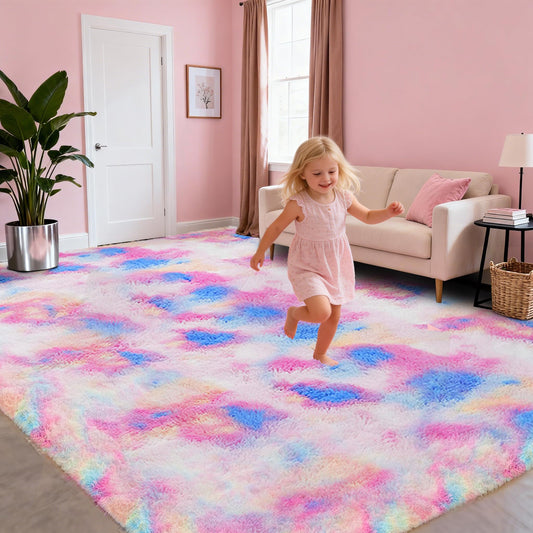 Rainbow Fluffy 5x7 Area Rugs for Bedoom Girls, Soft Fuzzy Furry Shag Rug for Kids Room, Kawaii Princess Plush Shaggy Bedside Rug, Cute Colorful Living Room Decor for Nursery Baby, Upgrade Anti-Skid