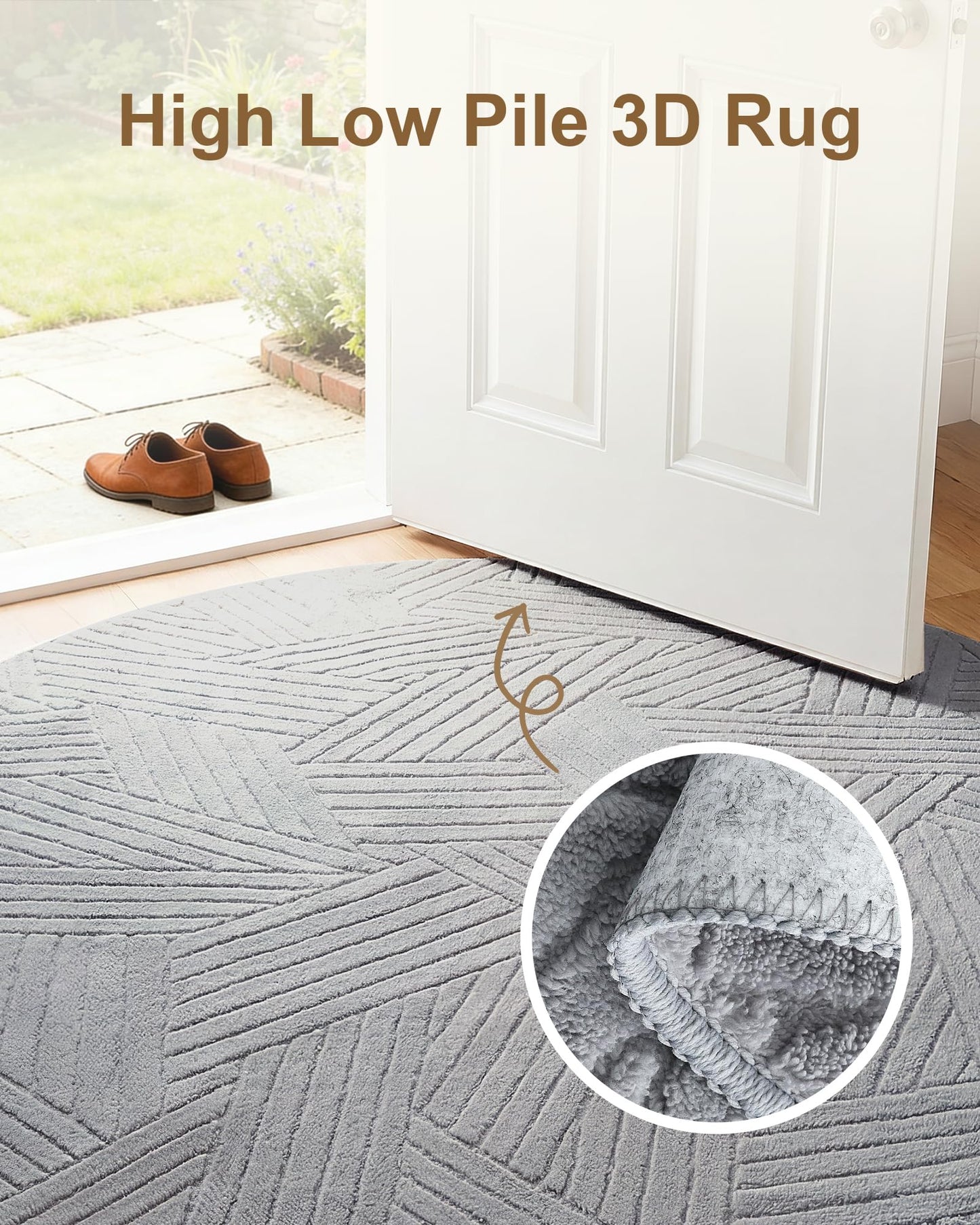 Carvapet 5.2ft Round Area Rug - Light Grey High Low Pile Modern Floor Carpet, Washable Plush 3D Texture Circle Mat with Skid-Resistant Rubber Backing for Living Room Nursery