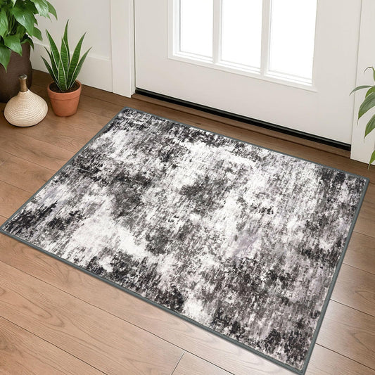 Lansny Modern Abstract Entryway Rug Indoor 2x3 Washable Non-Slip Soft Black Grey Small Area Rug Kitchen Mat Thin Print Faux Wool Floor Carpet for Entrance Bedroom Office