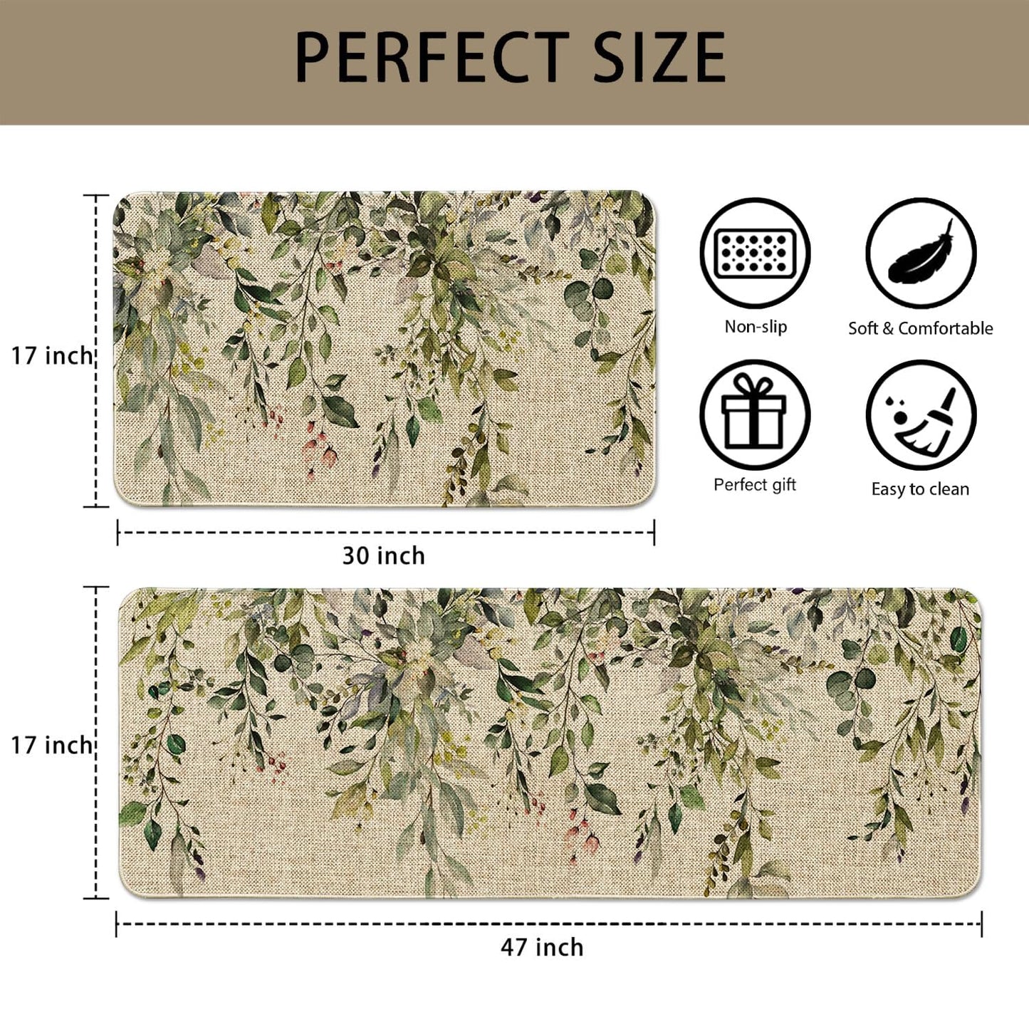 HSOWKDN Sage Green Eucalyptus Spring Kitchen Rugs Sets of 2 Non Slip Washable, Botanical Leaves Summer Spring Kitchen Mats for Floor 2 Piece Home Decor