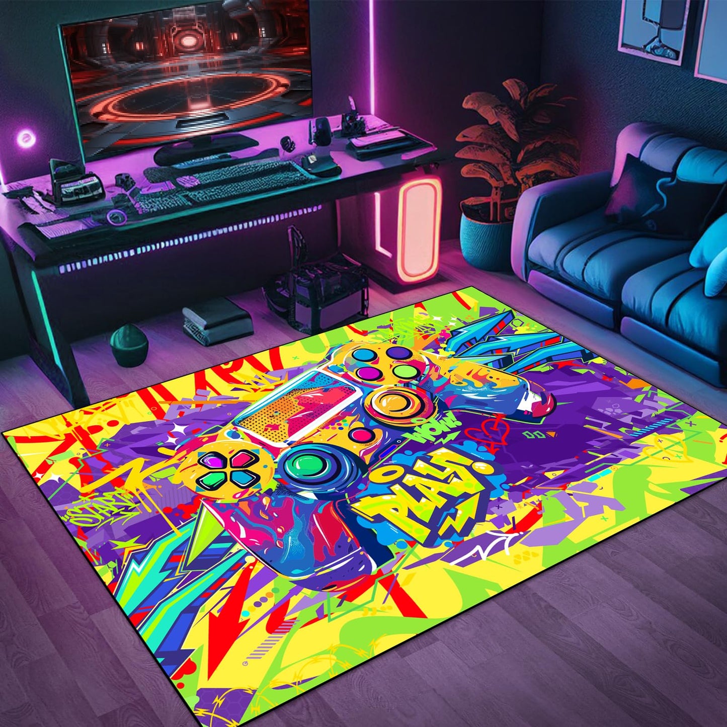 Gaming Area Rug Teen Boys Carpet, Colorful Graffiti Gamepad Graffiti Background Game Controller Design for Game Room, Boys Girls Bedroom Playroom, Living Room (Graffiti, 79" x 59")