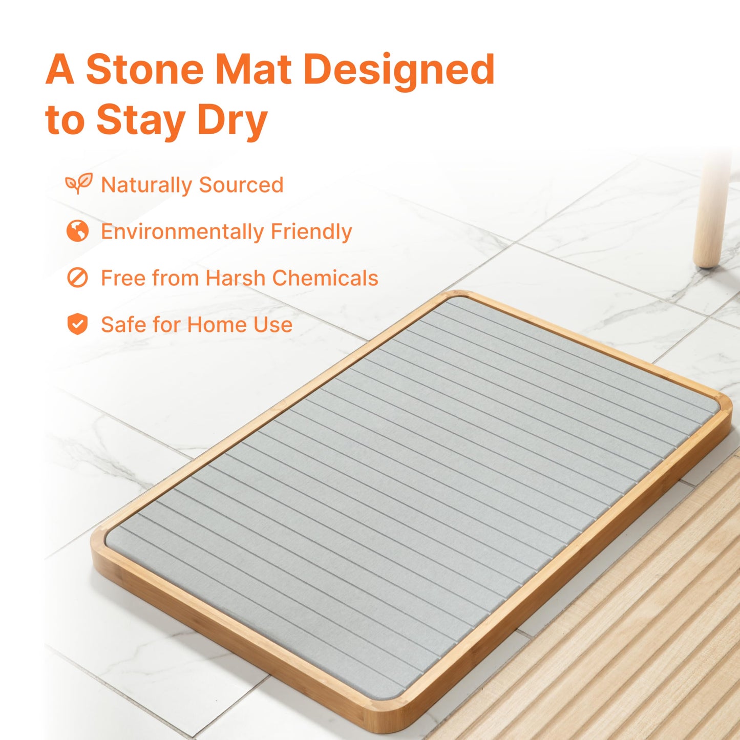 Stone Bath Mat with Bamboo Trim - Quick-Dry Diatomaceous Earth Shower Mat | Super Absorbent, Non-Slip, Minimalist Bathroom Floor Mat for Spa Style Décor, Bathroom, Kitchen, Entryway - Stone Grey
