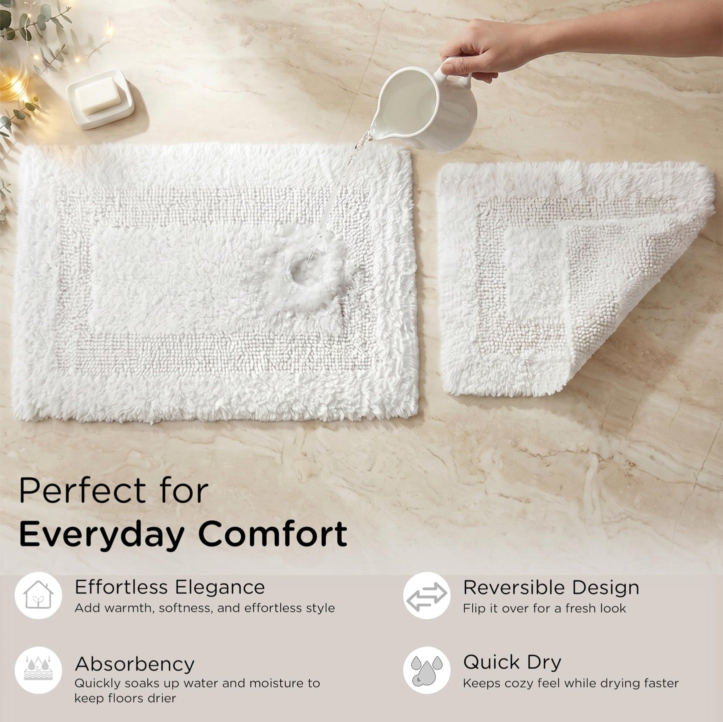 Cotton Reversible Bathmat Rug 17x24 - White, Ultra Soft Bathtub Floor Bath Rugs Ideal for Toilet, Bathroom, Kitchen | Super Absorbent Quick Dry Hotel Quality Throw Mat for Machine Washable